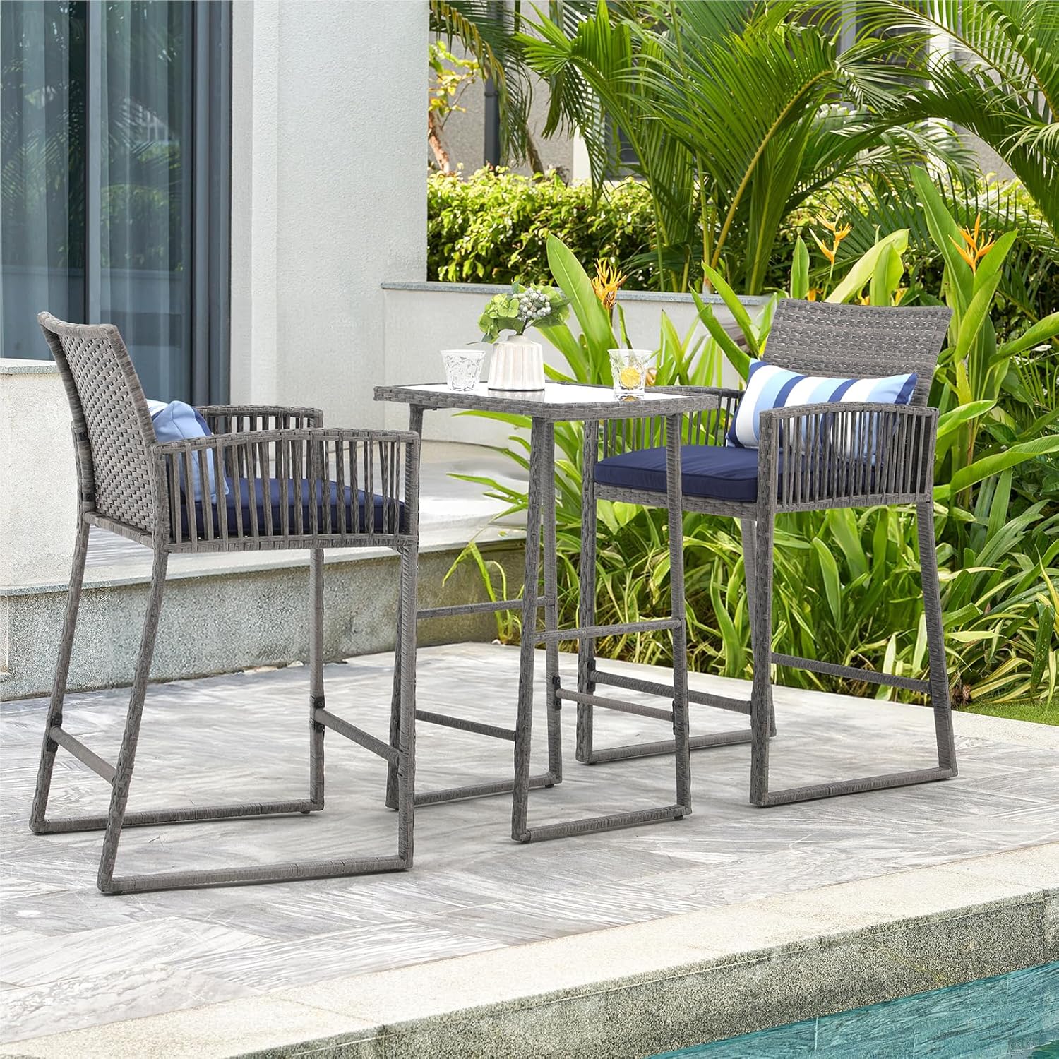 3-Piece Outdoor Wicker Bar Height Table Set, 2 Bar Stools and 1 Pub Table with 2 Striped Pillows, Grey Rattan, Blue Seat Cushions