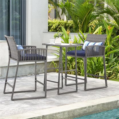 3-Piece Outdoor Wicker Bar Height Table Set, 2 Bar Stools and 1 Pub Table with 2 Striped Pillows, Grey Rattan, Blue Seat Cushions