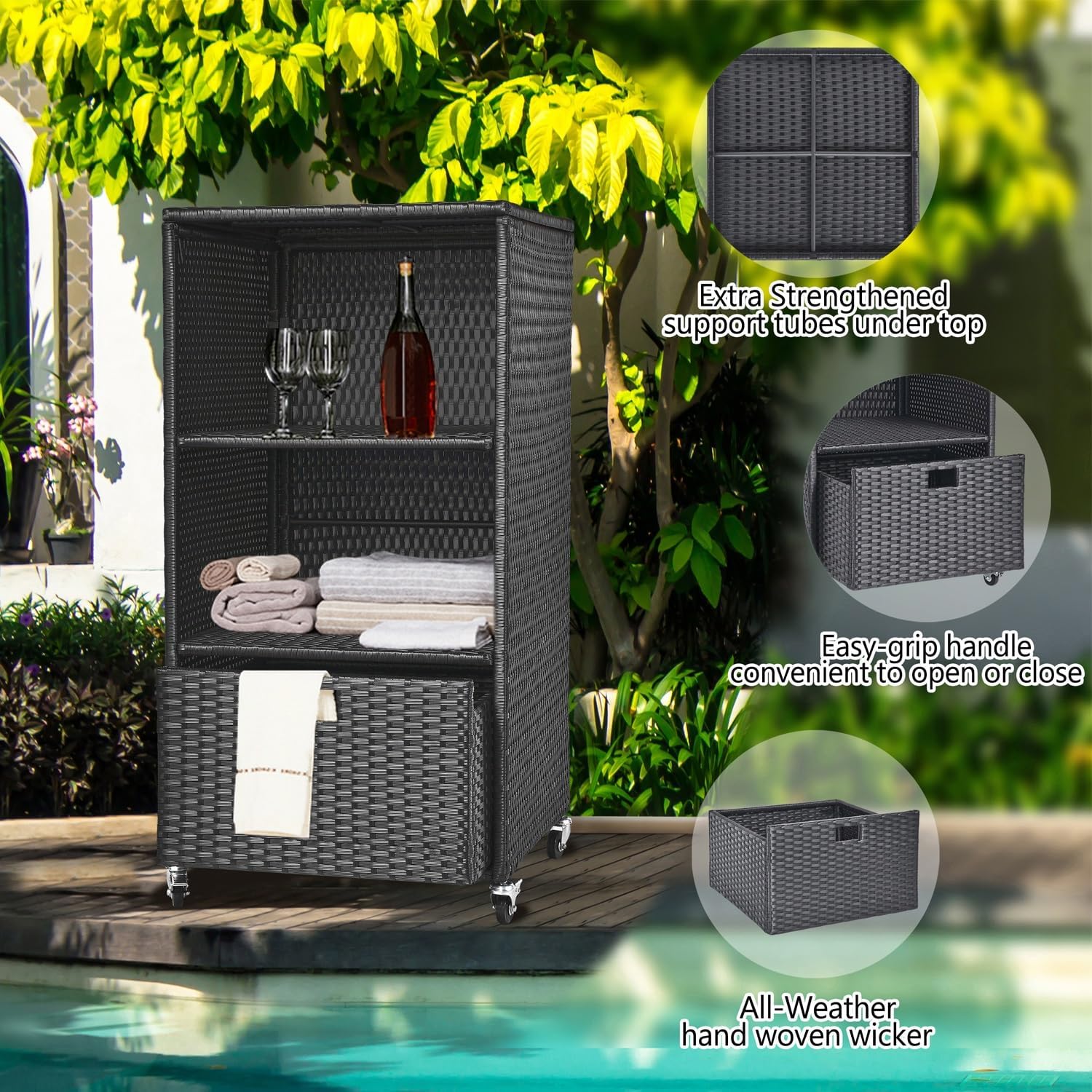 Towel Rack for Pool Outdoor Pool Towel Storage Cabinet with Shelf & Drawer Pool Towel Holder with Rolling Wheels Hot Tub Towel Rack