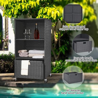Towel Rack for Pool Outdoor Pool Towel Storage Cabinet with Shelf & Drawer Pool Towel Holder with Rolling Wheels Hot Tub Towel Rack