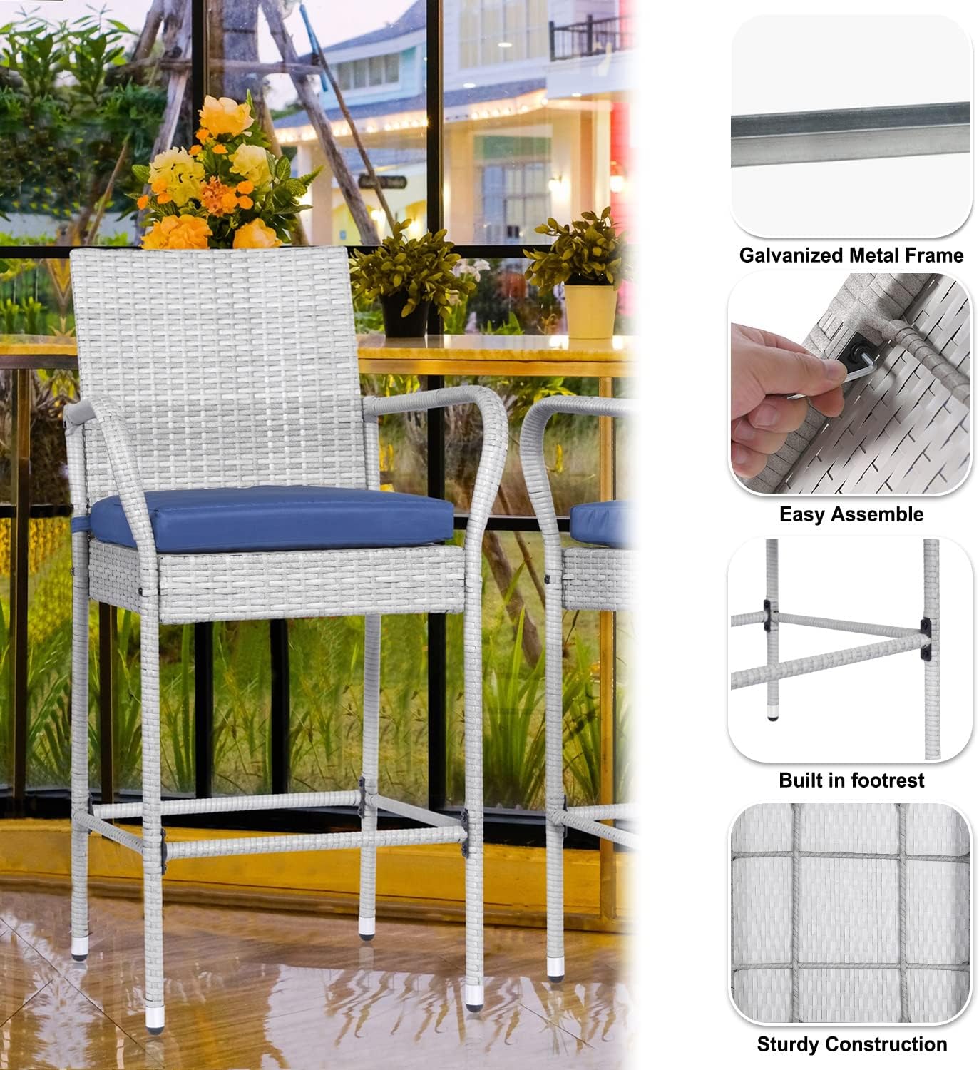 Outdoor Bar Stools Set of 4 Patio Chairs Bar Height Wicker Counter Height Bar Stools Patio Stools & Bar Chairs with Footrest Armrest Cushion Navy Blue