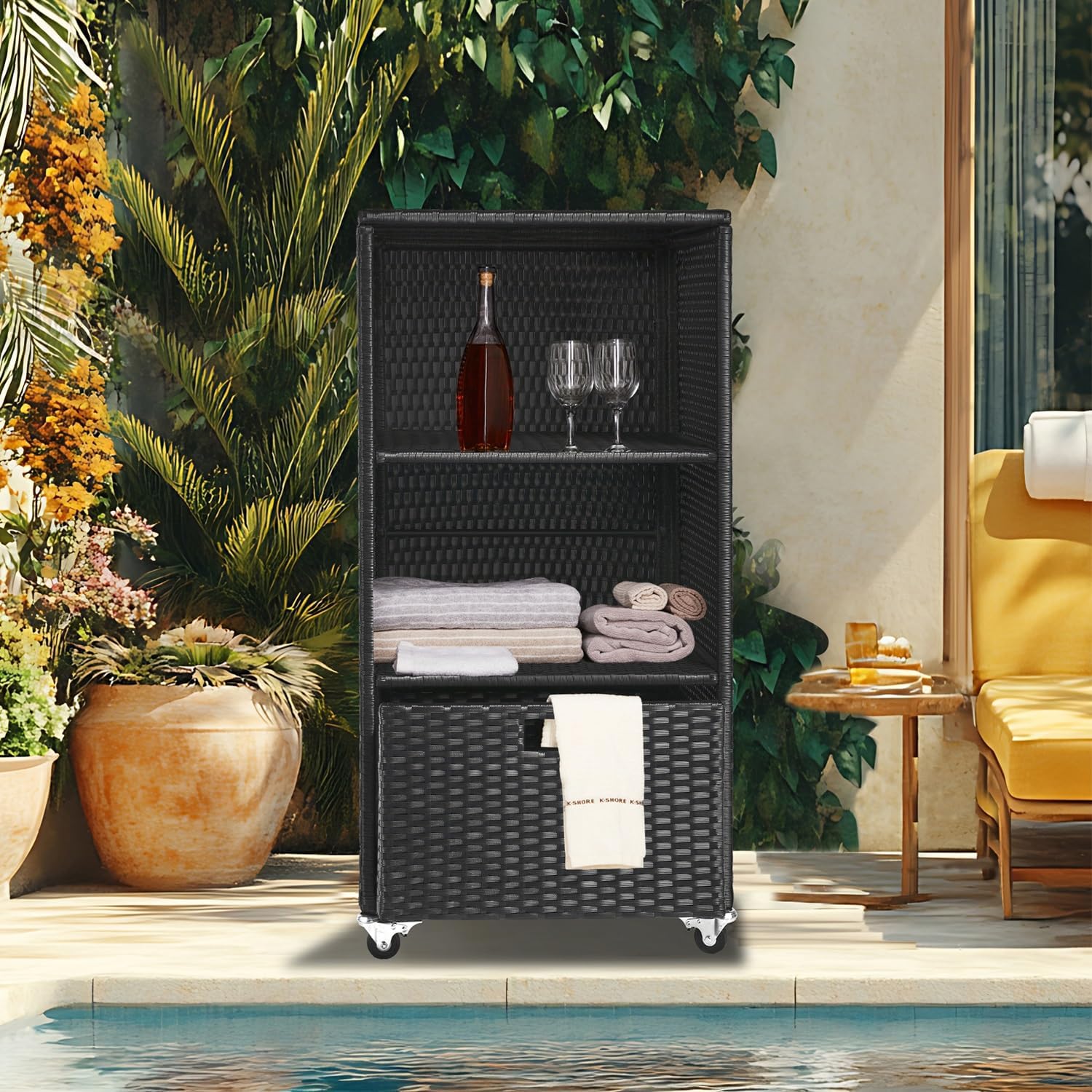 Towel Rack for Pool Outdoor Pool Towel Storage Cabinet with Shelf & Drawer Pool Towel Holder with Rolling Wheels Hot Tub Towel Rack