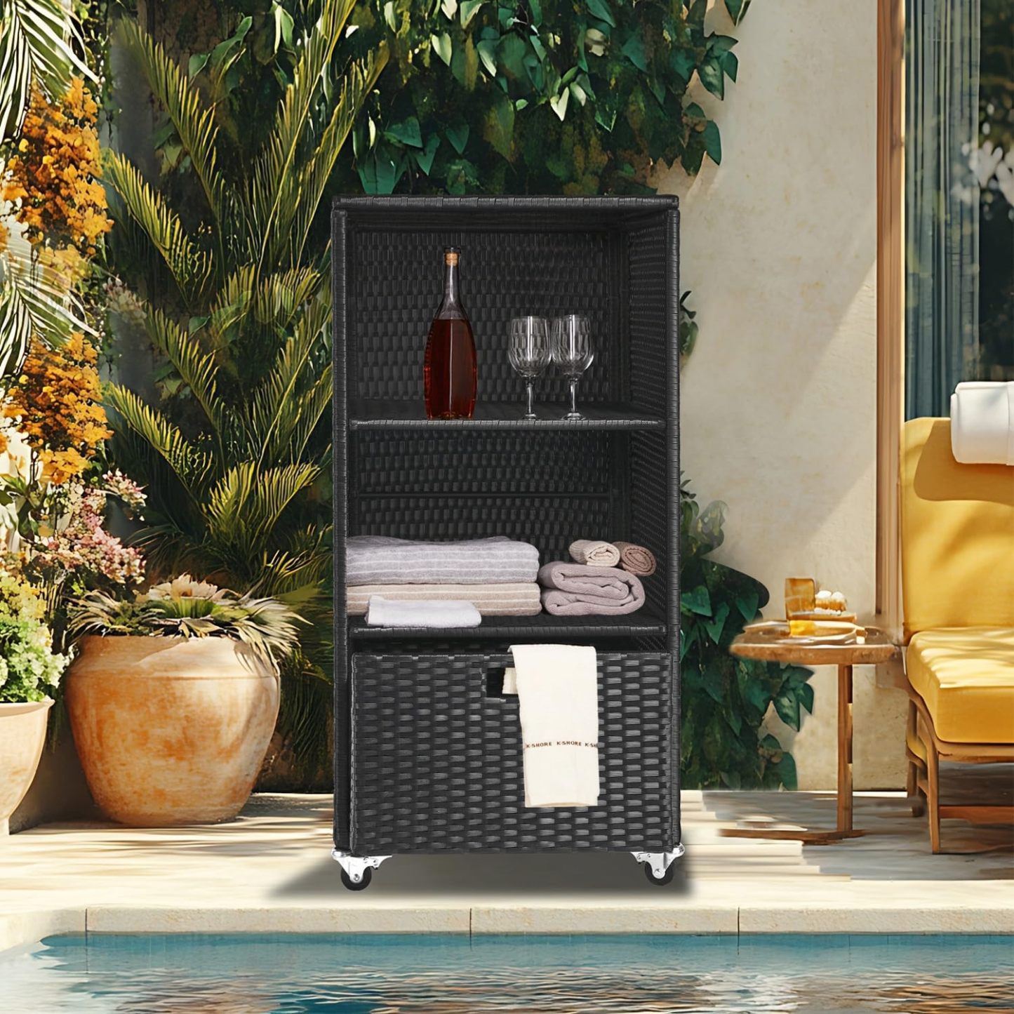 Towel Rack for Pool Outdoor Pool Towel Storage Cabinet with Shelf & Drawer Pool Towel Holder with Rolling Wheels Hot Tub Towel Rack