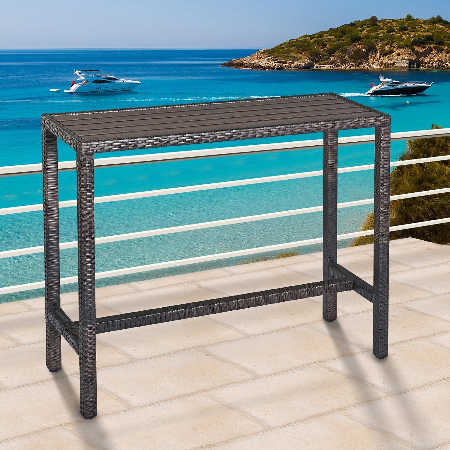 Outdoor Bar Table Patio Counter Height Table 45" Long Wicker High Top Pub Table Tall Console Table Rectangle Narrow with Adjustable Feet