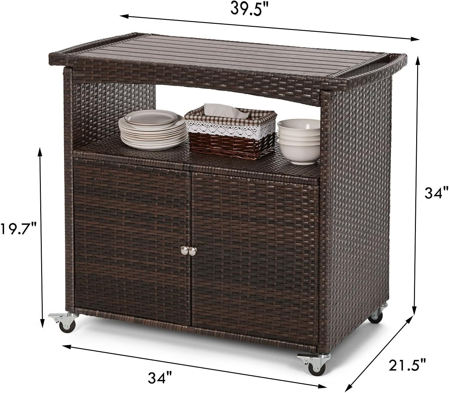 Bar Cart with Storage Cabinet Patio Wicker Sideboard Buffet Cabinet Prep Table Outside Kitchen Serving Cart