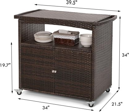 Bar Cart with Storage Cabinet Patio Wicker Sideboard Buffet Cabinet Prep Table Outside Kitchen Serving Cart