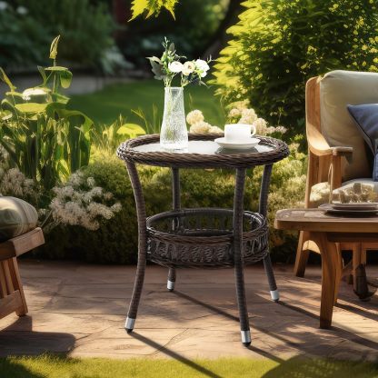 Outdoor Side Table Patio Wicker Coffee Table Outdoor End Table Rattan Bistro Table with Storage & Black Glass Table Top