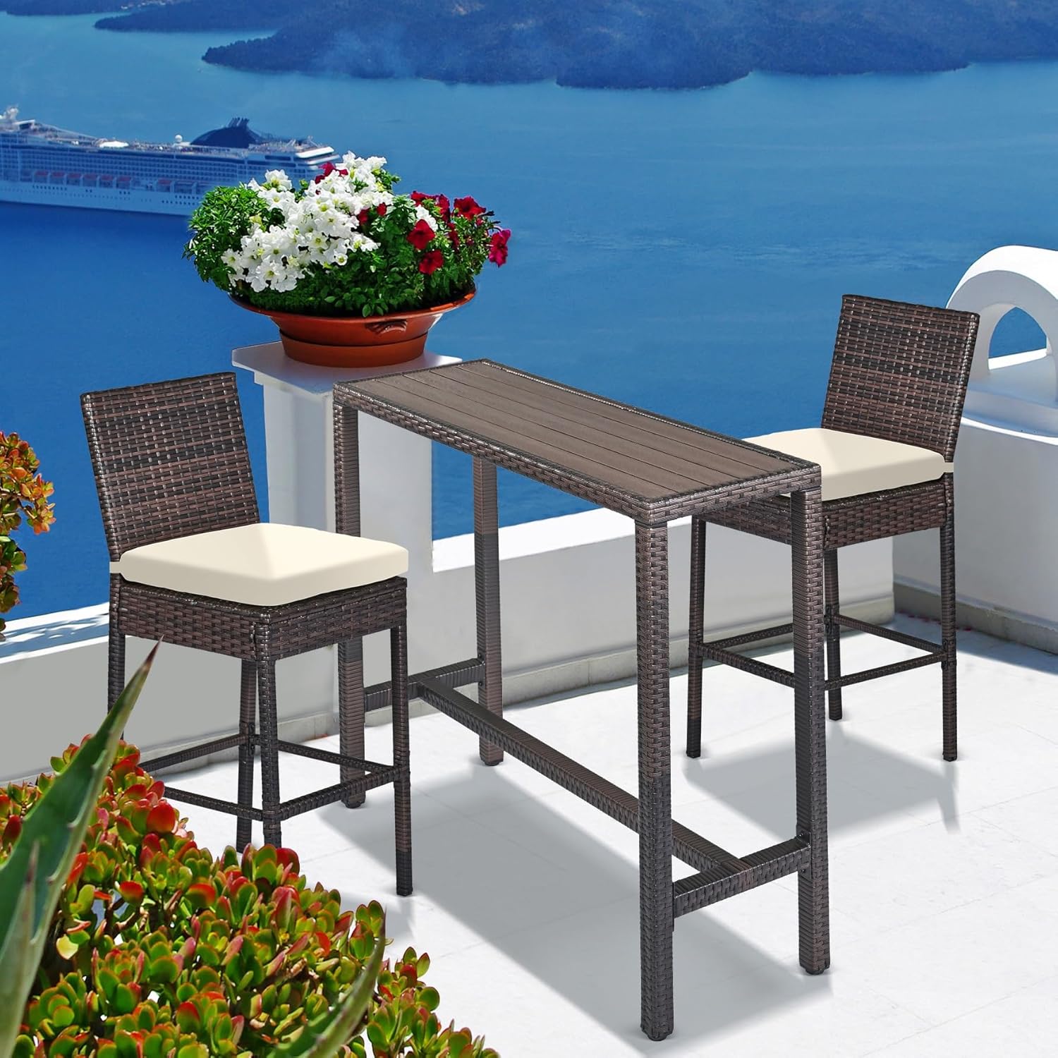 Outdoor Bar Set for Patio 3pcs Outdoor Bar Table and Chairs Set All Weather Bar Height High Top Outdoor Table and Chairs Wicker Bar Stools Set of 2 Tall Patio Table