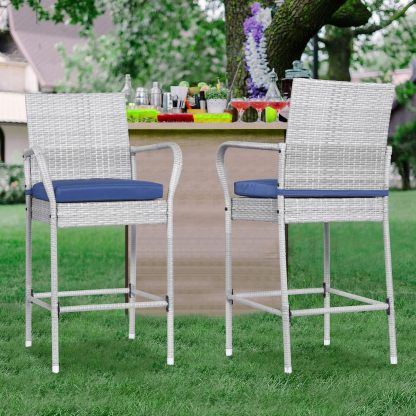 Outdoor Bar Stools Set of 4 Patio Chairs Bar Height Wicker Counter Height Bar Stools Patio Stools & Bar Chairs with Footrest Armrest Cushion Navy Blue