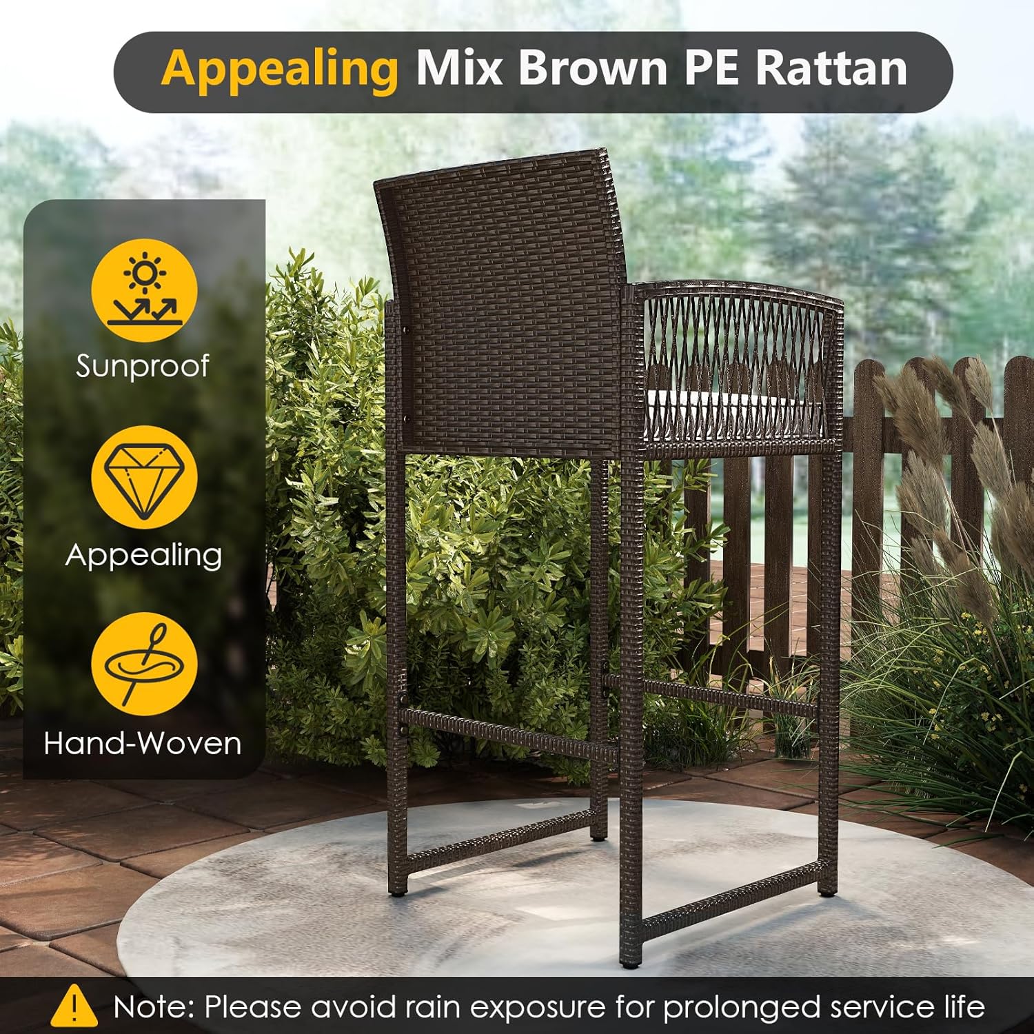 Outdoor Wicker Bar Height Glass Top Table & 2 Cushioned Barstools Heavy Duty, for Backyard, Poolside, Porch