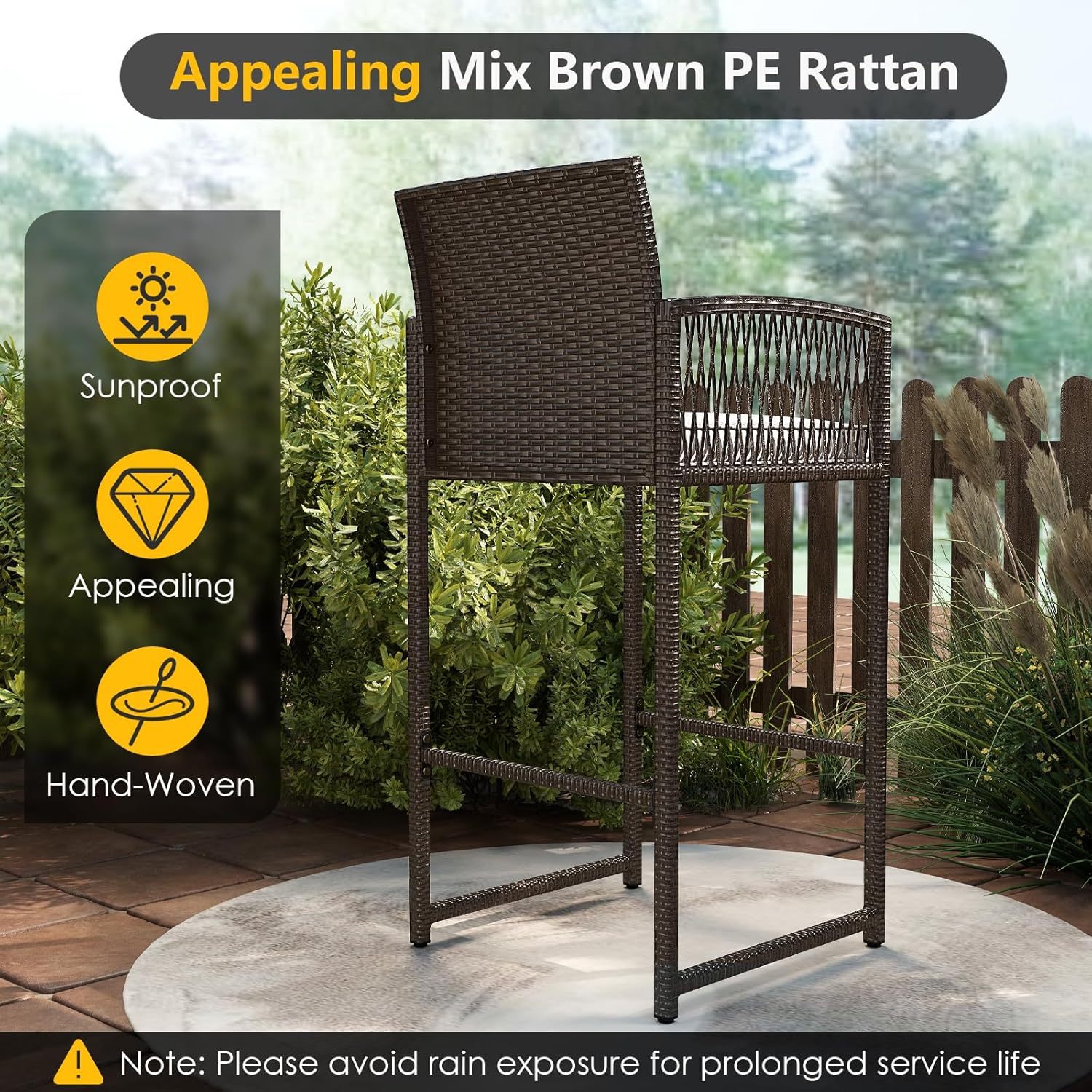 Outdoor Wicker Bar Height Glass Top Table & 2 Cushioned Barstools Heavy Duty, for Backyard, Poolside, Porch