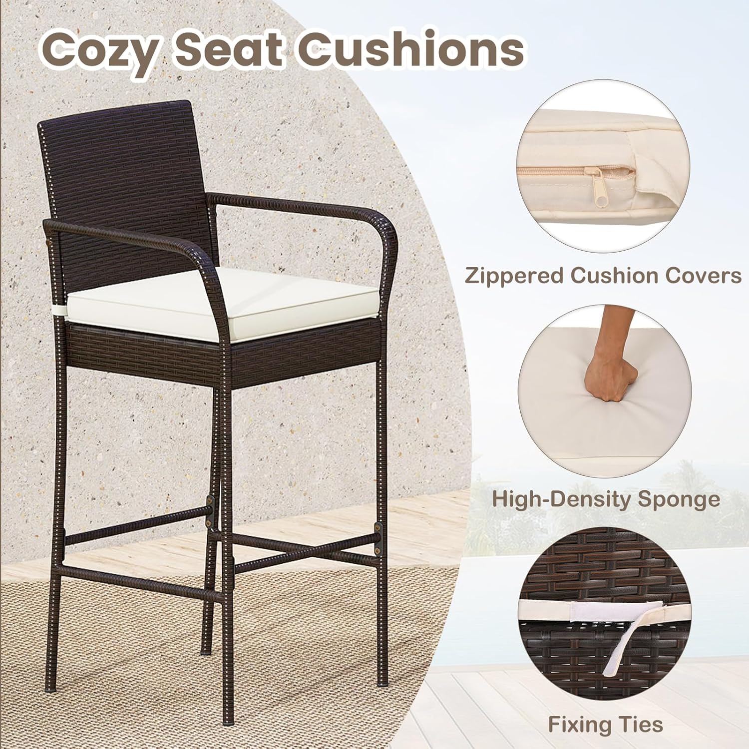 3 Piece Outdoor Bar Set, Patio Rattan Heavy Duty Bar Height Glass Top Table & Chairs