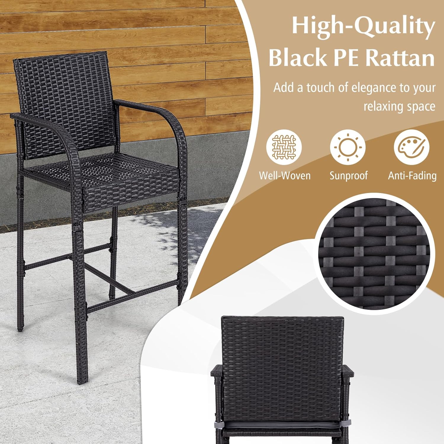 3 Piece Patio Wicker Bar Set, Outdoor Rattan Counter Height Cushioned Chairs & Square Table with Heavy-Duty Metal Frame