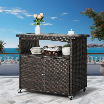 Bar Cart with Storage Cabinet Patio Wicker Sideboard Buffet Cabinet Prep Table Outside Kitchen Serving Cart