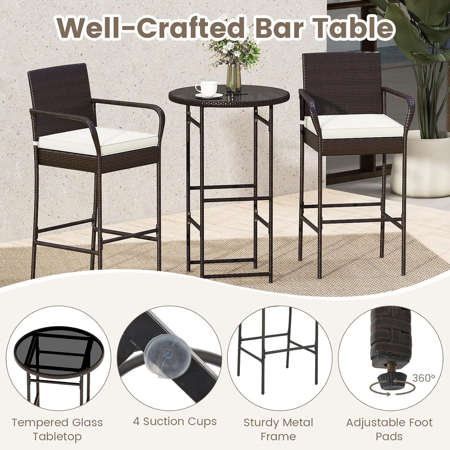 3 Piece Outdoor Bar Set, Patio Rattan Heavy Duty Bar Height Glass Top Table & Chairs