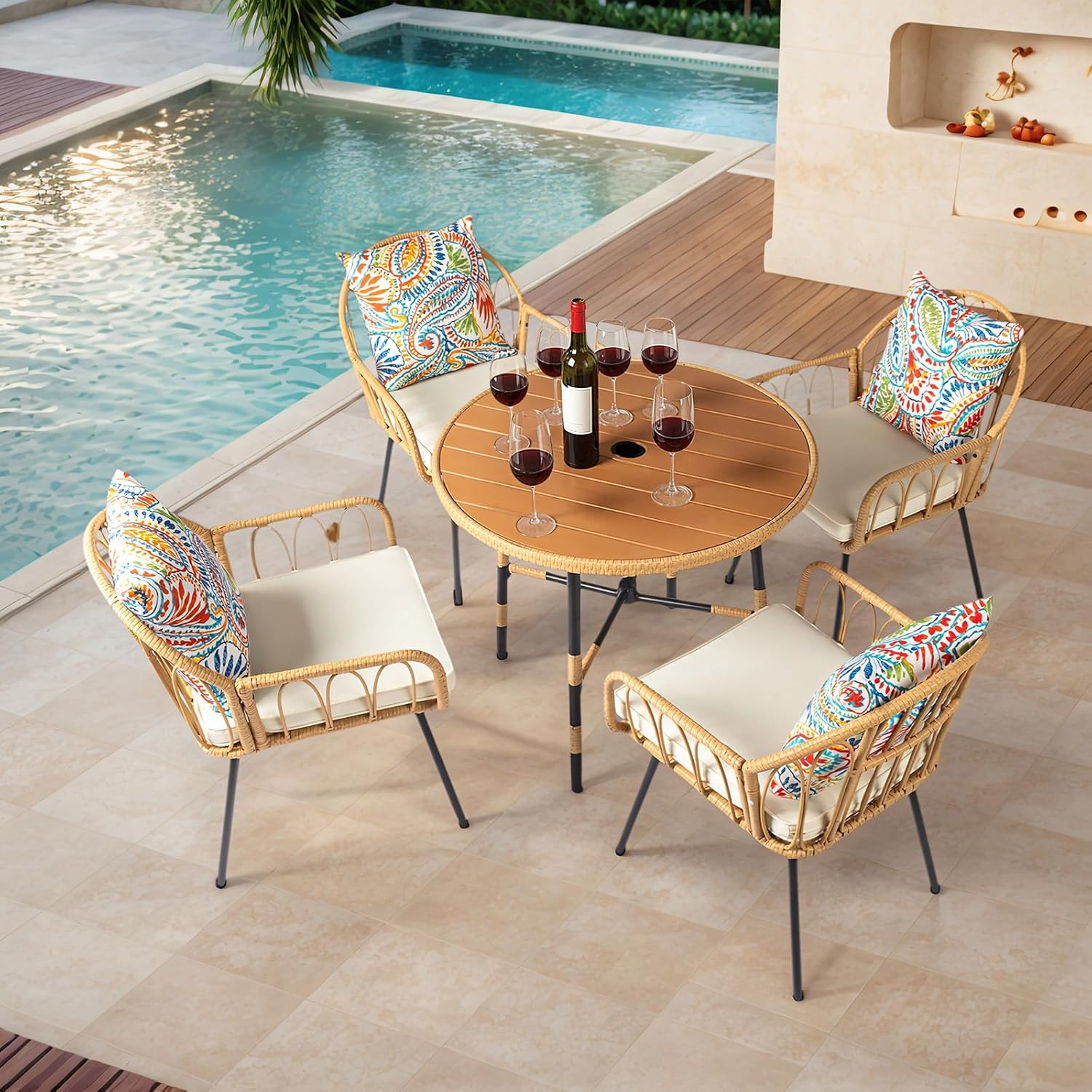 5-Piece Patio Table and Chairs Set, Outdoor Dining Table Chair Set with Umbrella Hole, Rattan Patio Furniture Dining Set for 4