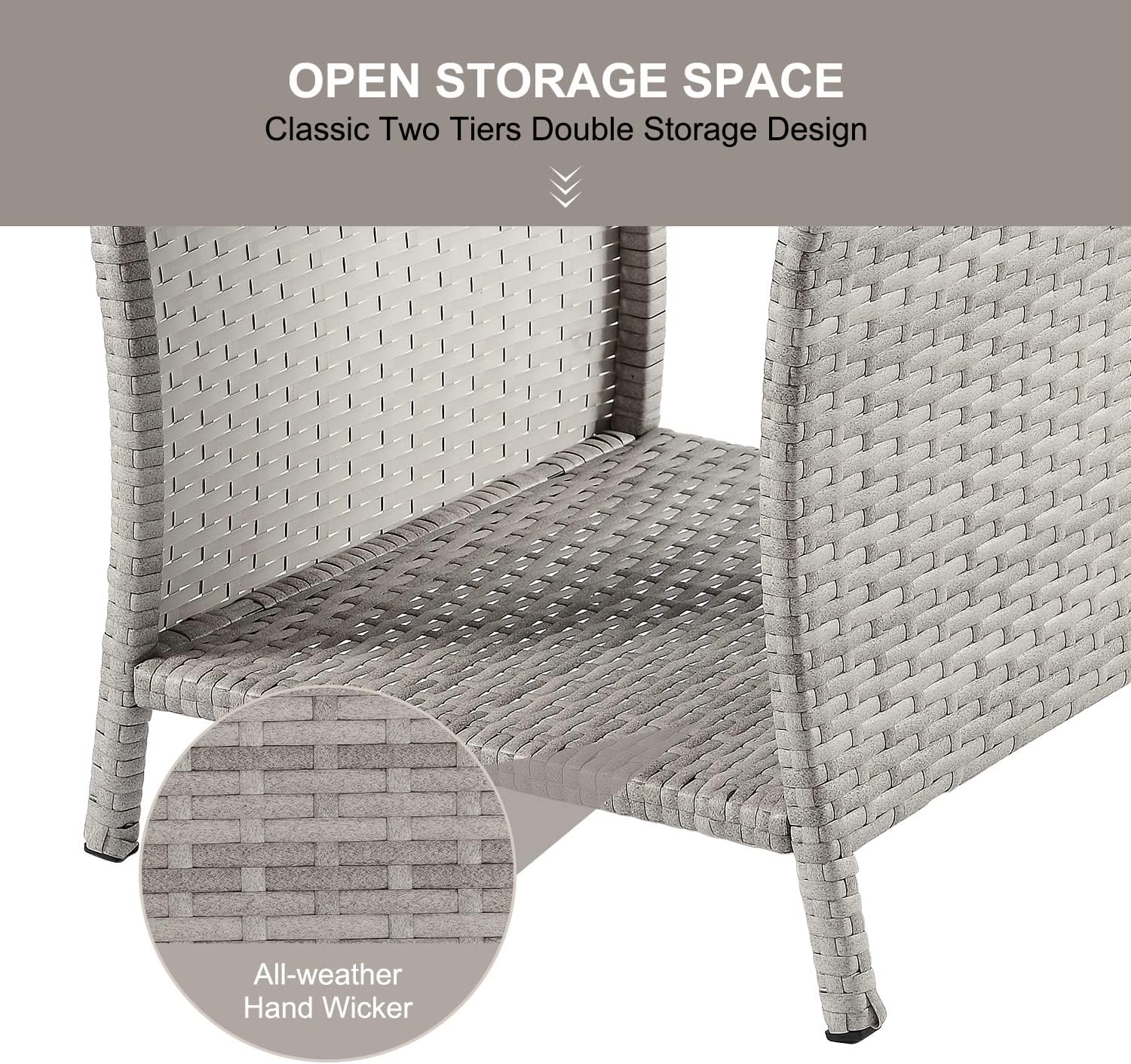 Outdoor Side Table for Patio Small Rattan Wicker Coffee Table Balcony Table Outside End Table with Poly Lumber Table Top & Storage Bistro Table