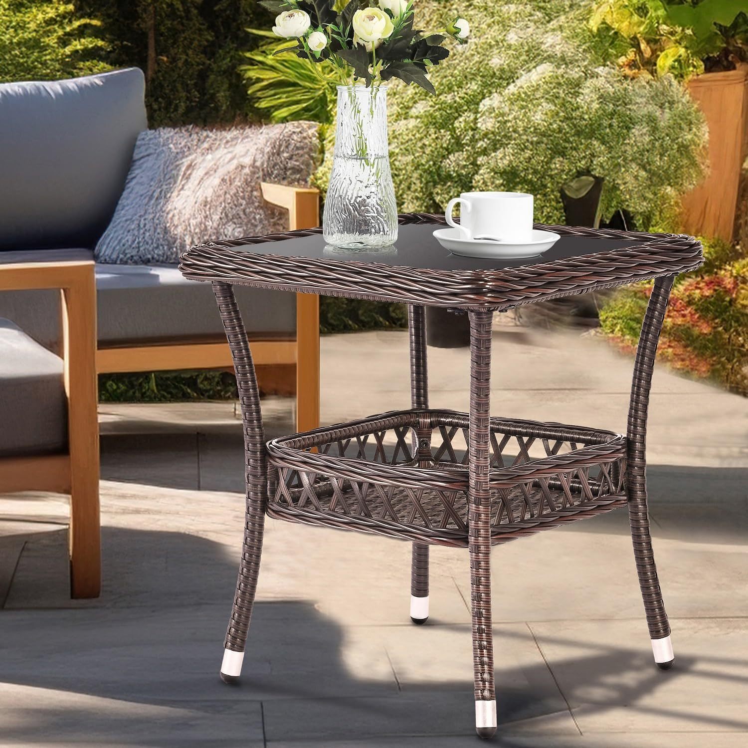 Wicker Coffee Table Outdoor End Table Rattan Bistro Table with Storage & Black Glass Table Top Square