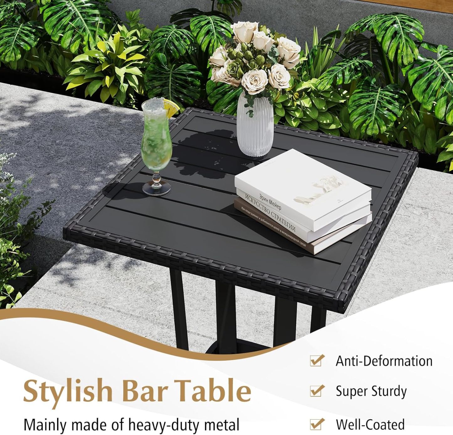 3 Piece Patio Wicker Bar Set, Outdoor Rattan Counter Height Cushioned Chairs & Square Table with Heavy-Duty Metal Frame