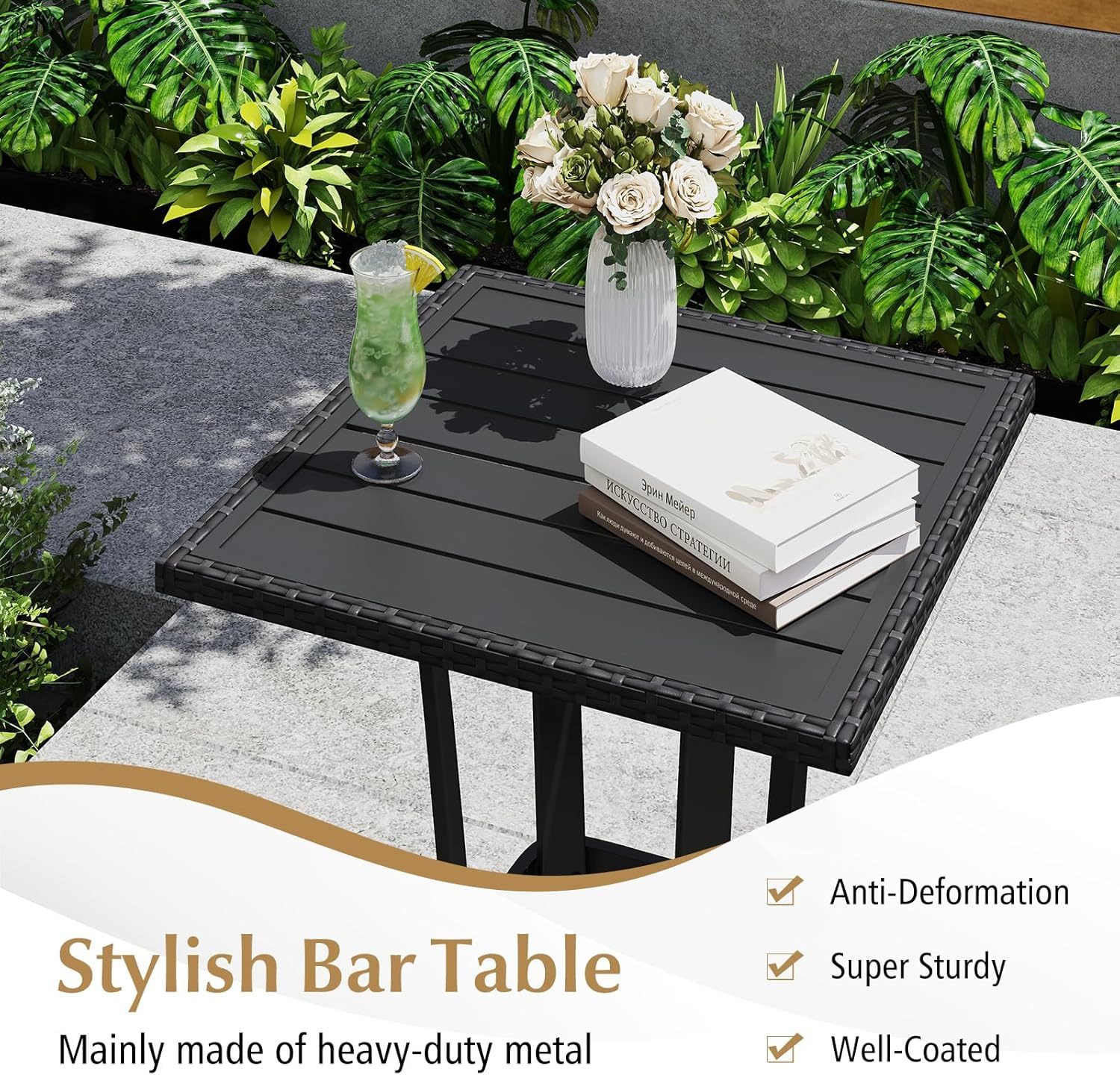 3 Piece Patio Wicker Bar Set, Outdoor Rattan Counter Height Cushioned Chairs & Square Table with Heavy-Duty Metal Frame