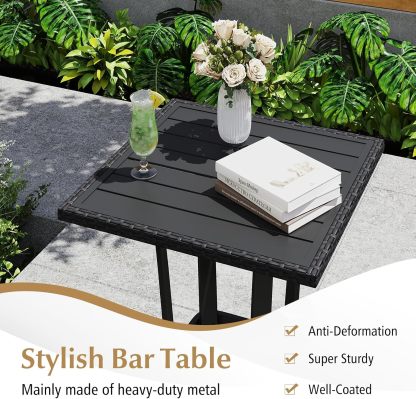 3 Piece Patio Wicker Bar Set, Outdoor Rattan Counter Height Cushioned Chairs & Square Table with Heavy-Duty Metal Frame