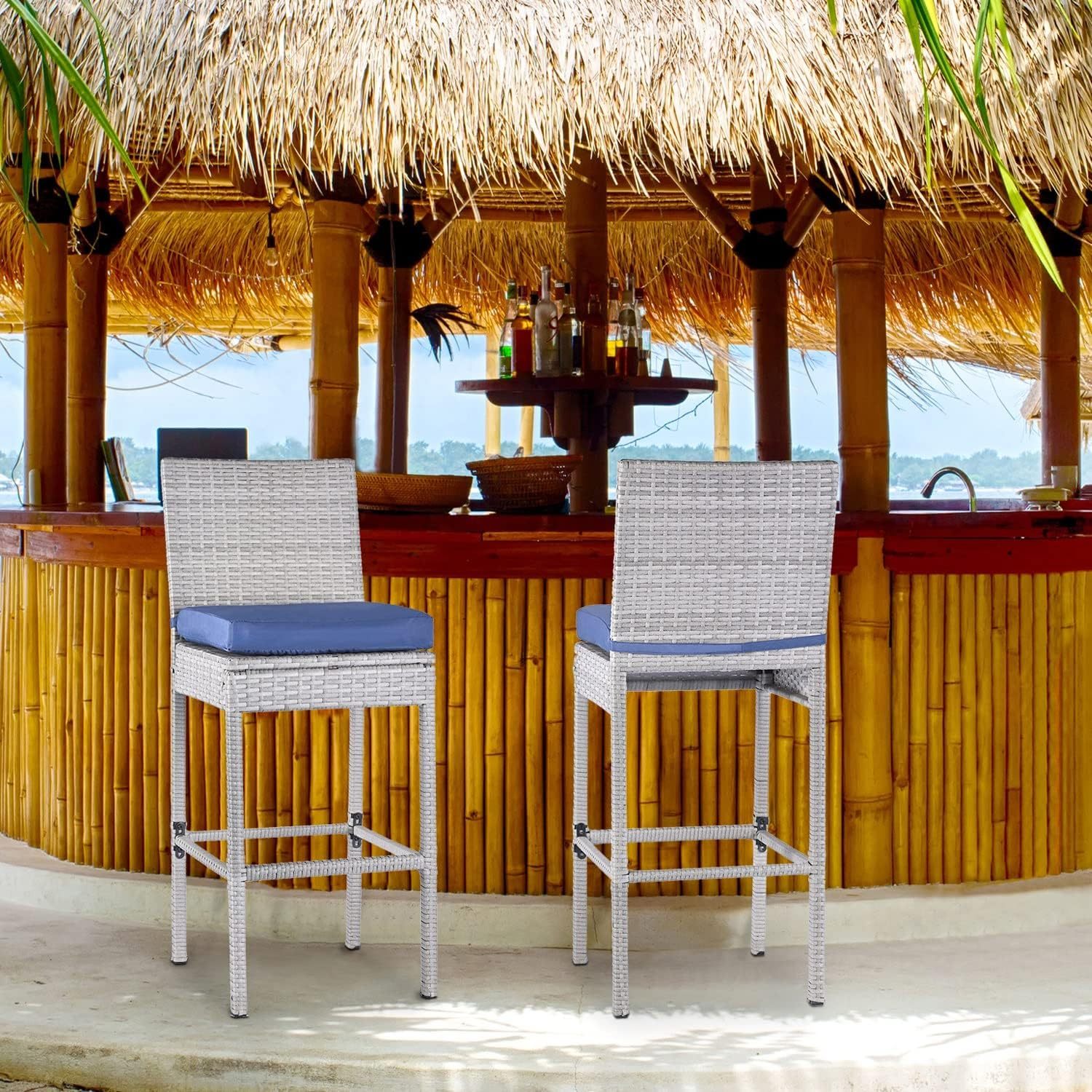 Outdoor Bar Stools Wicker Woven Patio Stools & Patio Bar Chairs Set of 2 Counter Bar Height Stools with Footrest