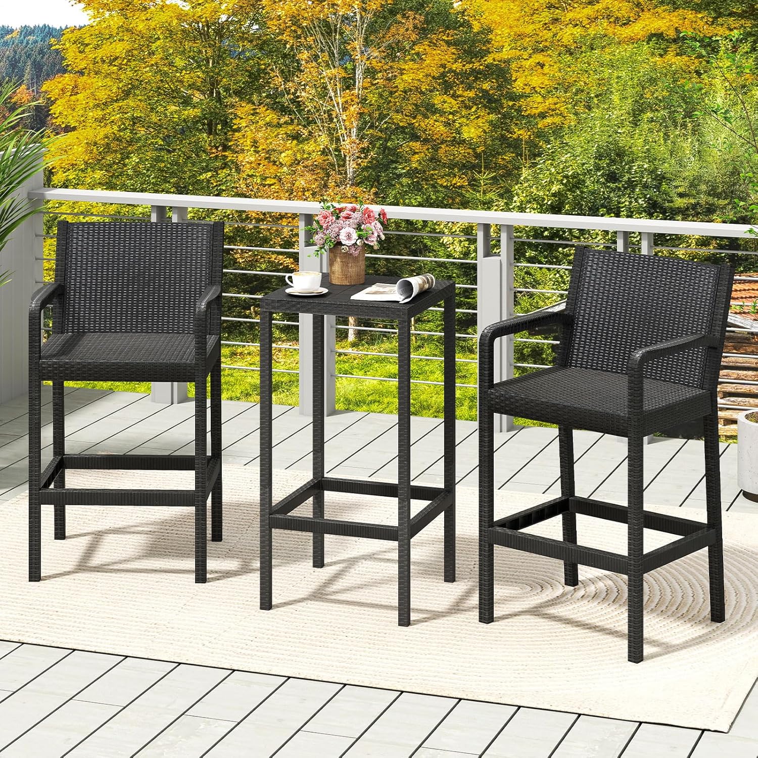 3 Pieces Patio Bar Set, Outdoor Curved Heavy Duty Bar Chairs and Square Table for 2