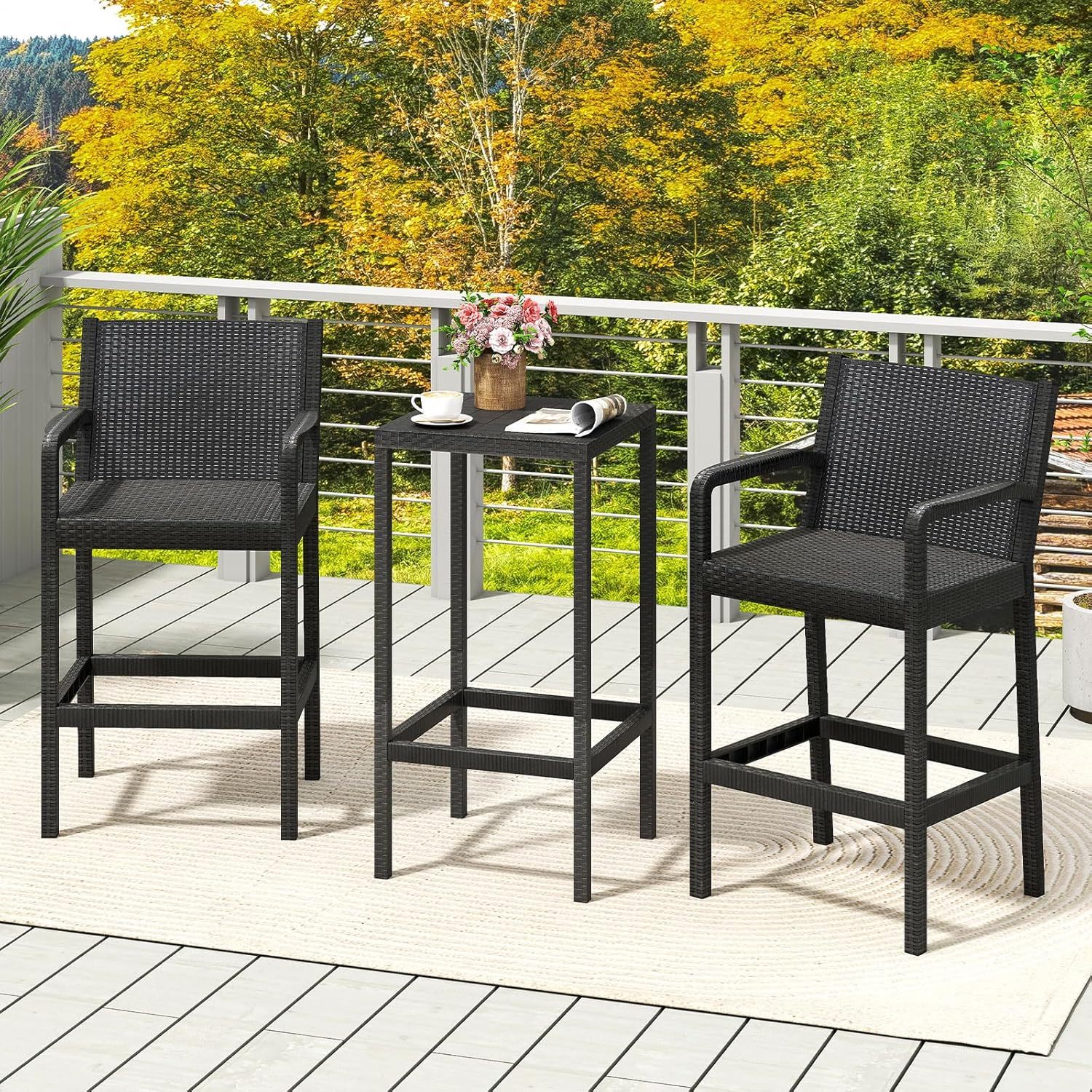 3 Pieces Patio Bar Set, Outdoor Curved Heavy Duty Bar Chairs and Square Table for 2