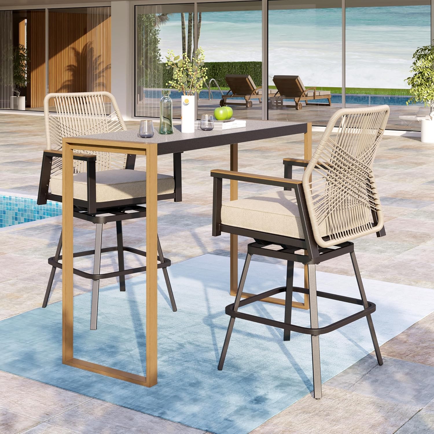 3 Piece Outdoor Bar Set, Swivel Counter Height Bar Stools with 40" Table, Wicker High Top Outdoor Table and Chairs