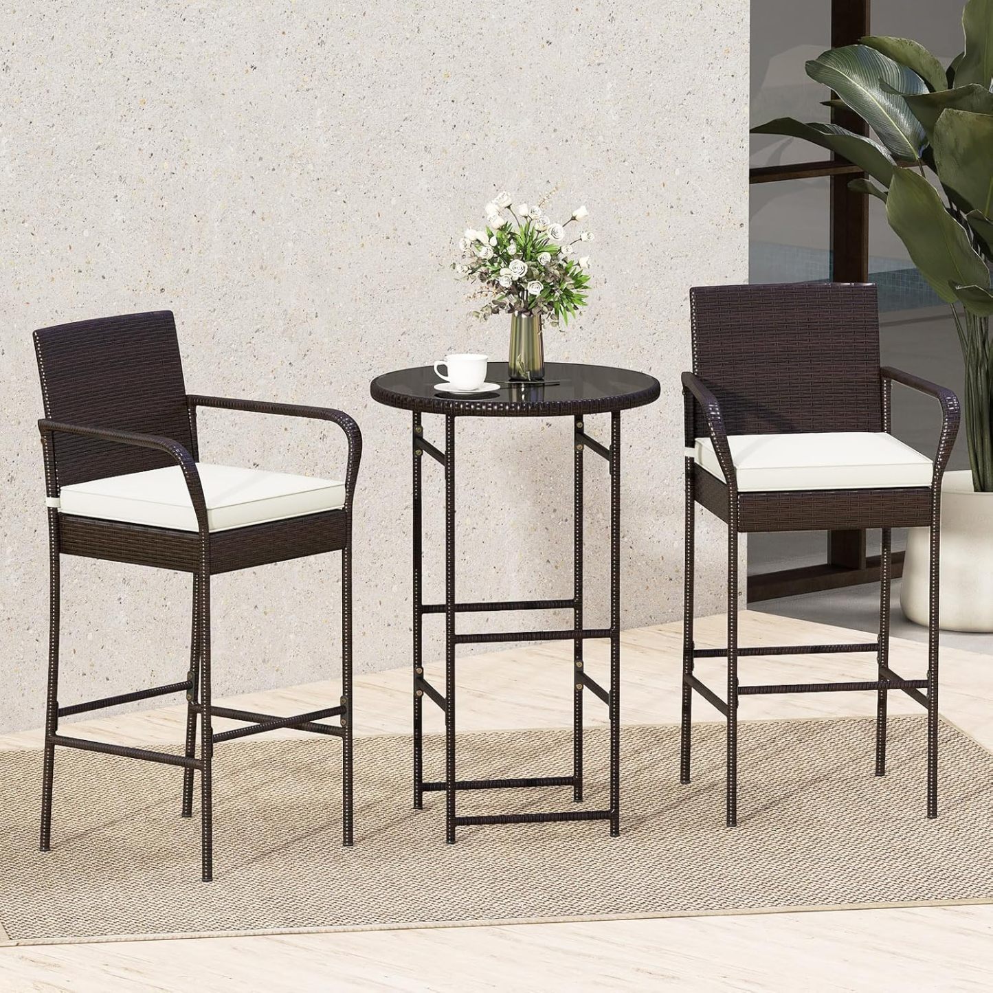 3 Piece Outdoor Bar Set, Patio Rattan Heavy Duty Bar Height Glass Top Table & Chairs