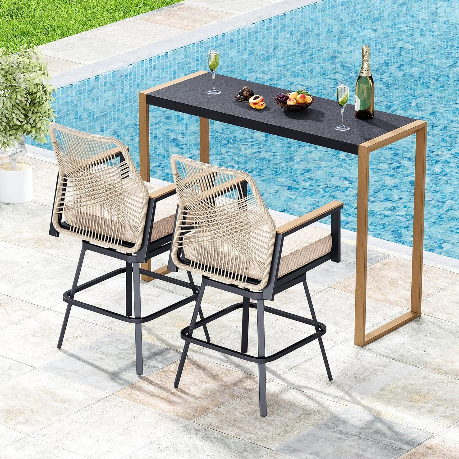 3 Piece Outdoor Bar Set, Swivel Counter Height Bar Stools with 40" Table, Wicker High Top Outdoor Table and Chairs