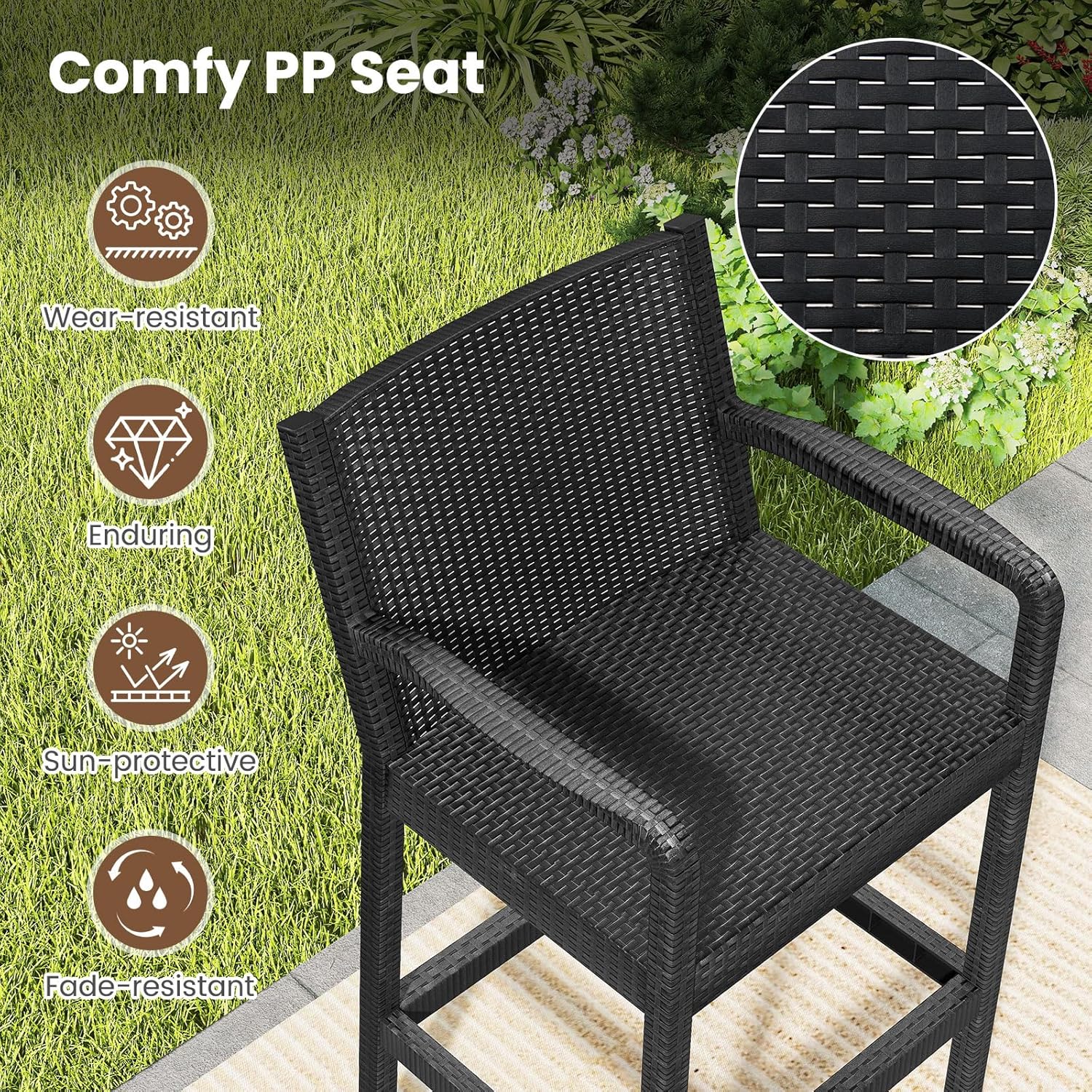 3 Pieces Patio Bar Set, Outdoor Curved Heavy Duty Bar Chairs and Square Table for 2