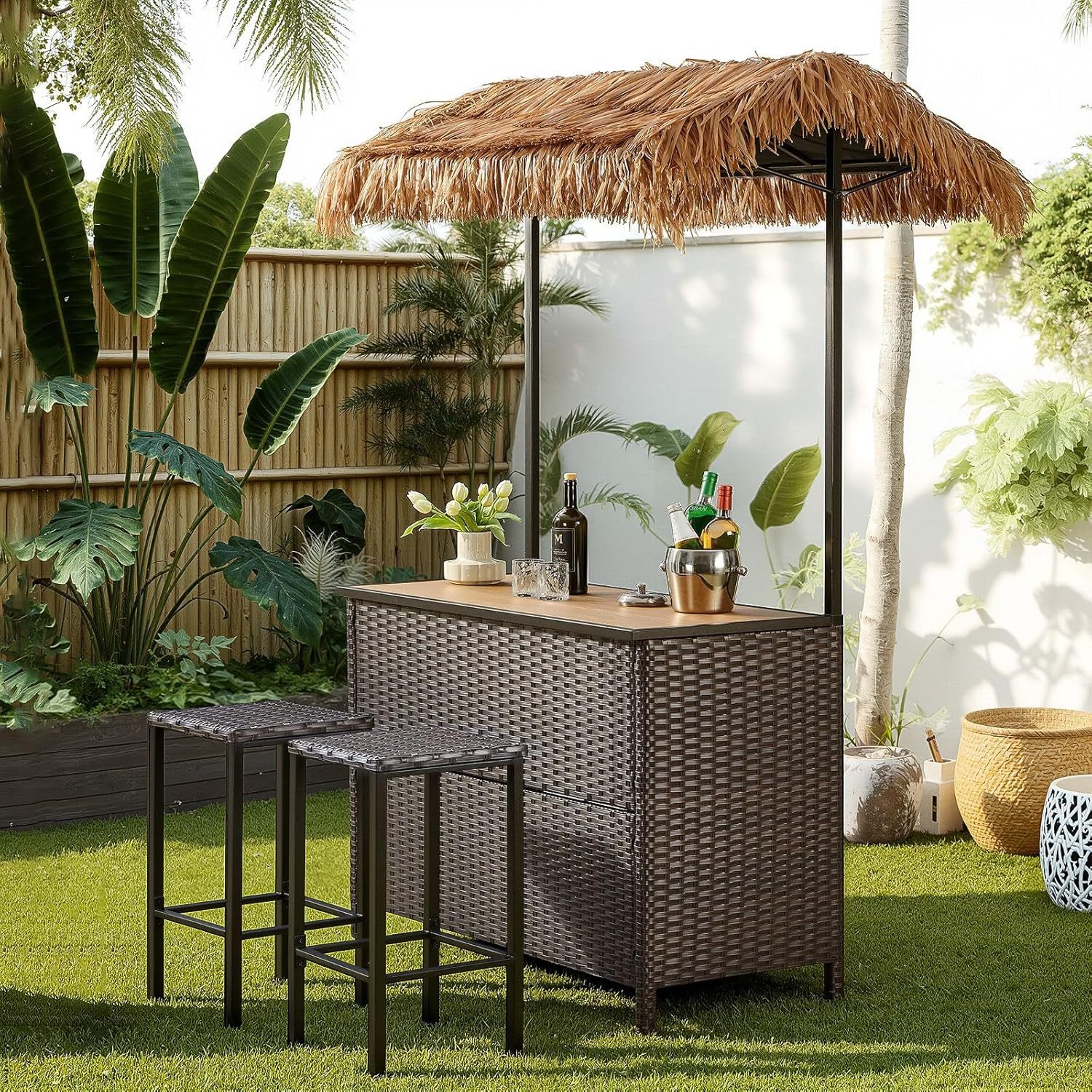 3 Piece Wicker Bar Height Patio Set with 2 Stools, Storage Shelves & Wine Glass Rack