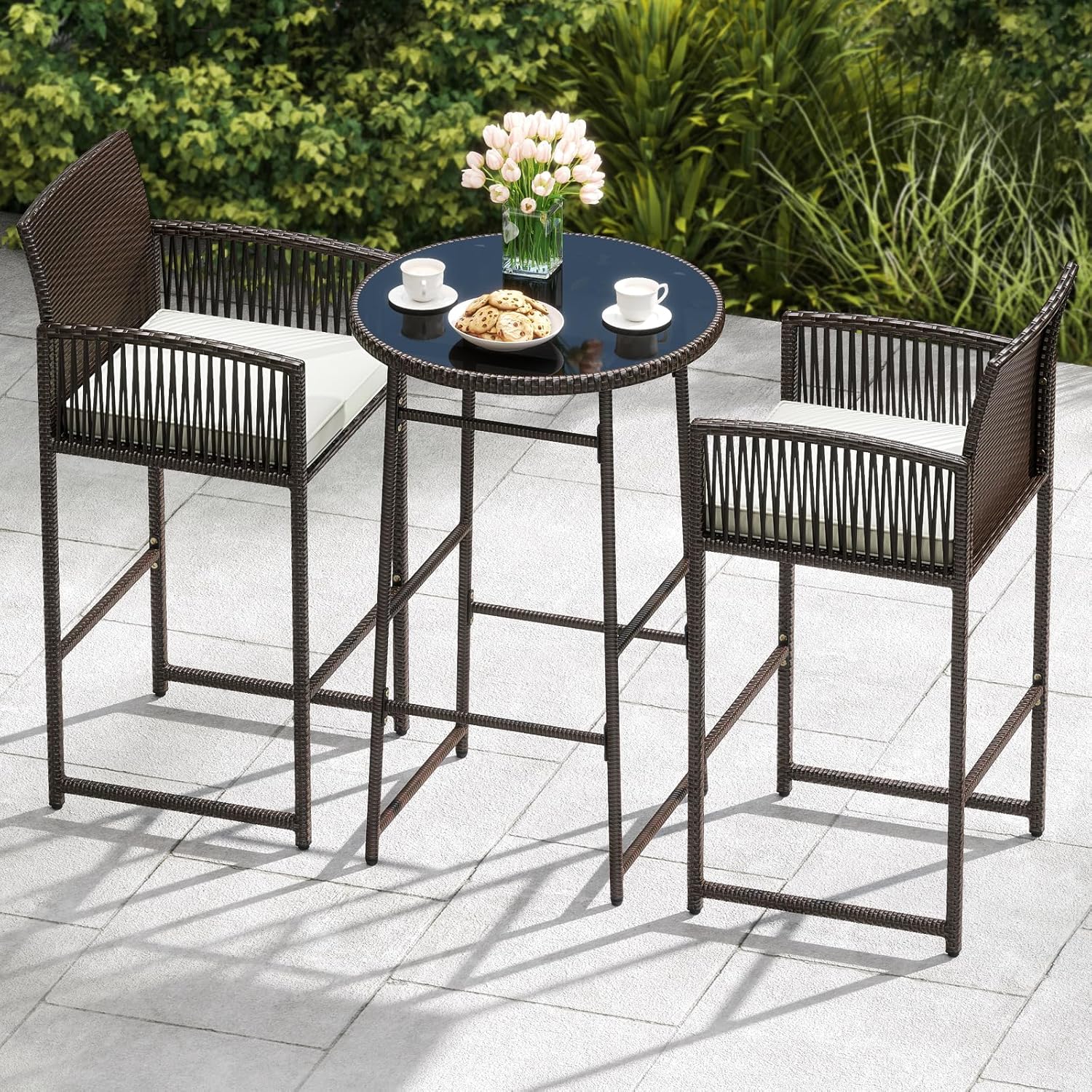 Outdoor Wicker Bar Height Glass Top Table & 2 Cushioned Barstools Heavy Duty, for Backyard, Poolside, Porch