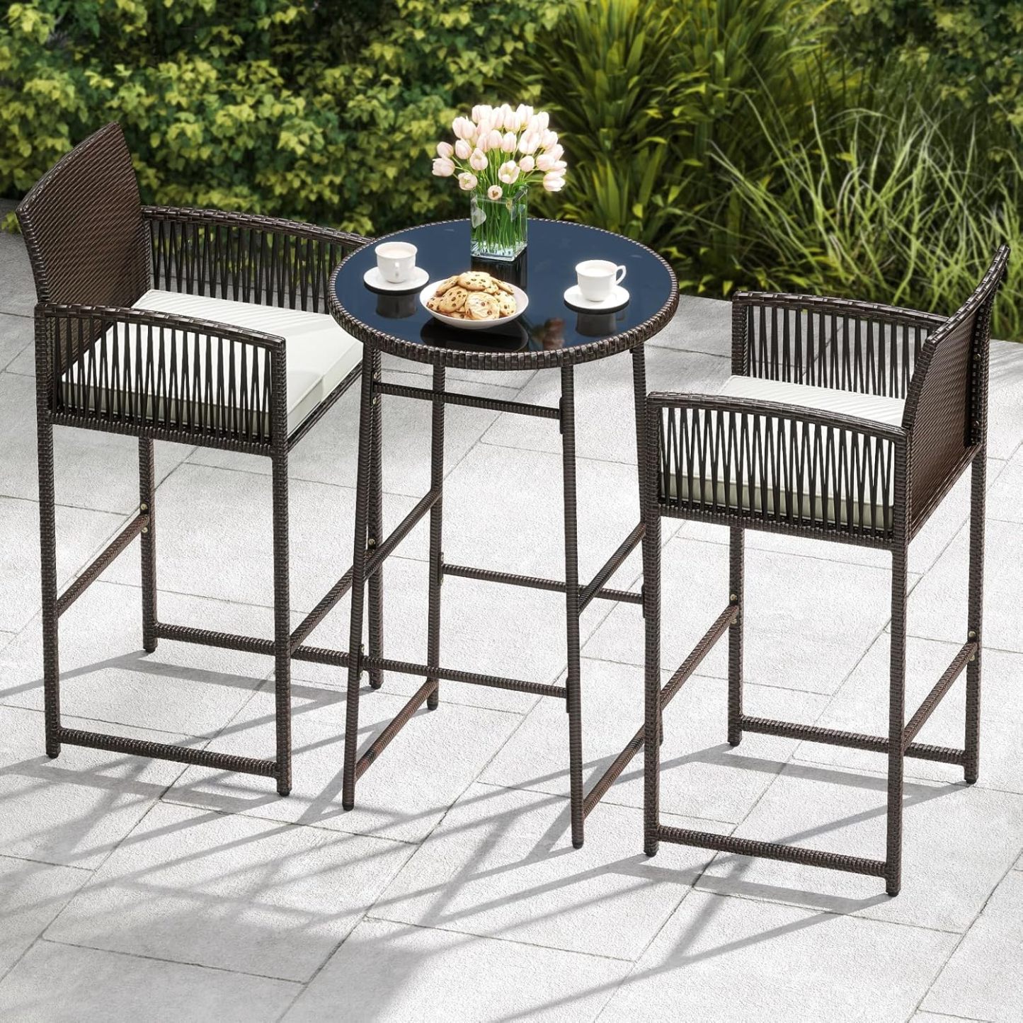 Outdoor Wicker Bar Height Glass Top Table & 2 Cushioned Barstools Heavy Duty, for Backyard, Poolside, Porch