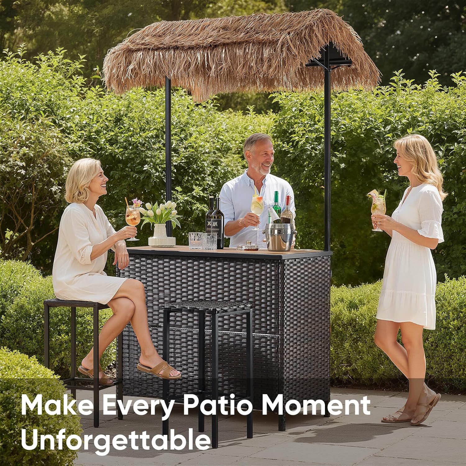 3 Piece Wicker Bar Height Patio Set with 2 Stools, Storage Shelves & Wine Glass Rack