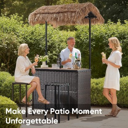 3 Piece Wicker Bar Height Patio Set with 2 Stools, Storage Shelves & Wine Glass Rack