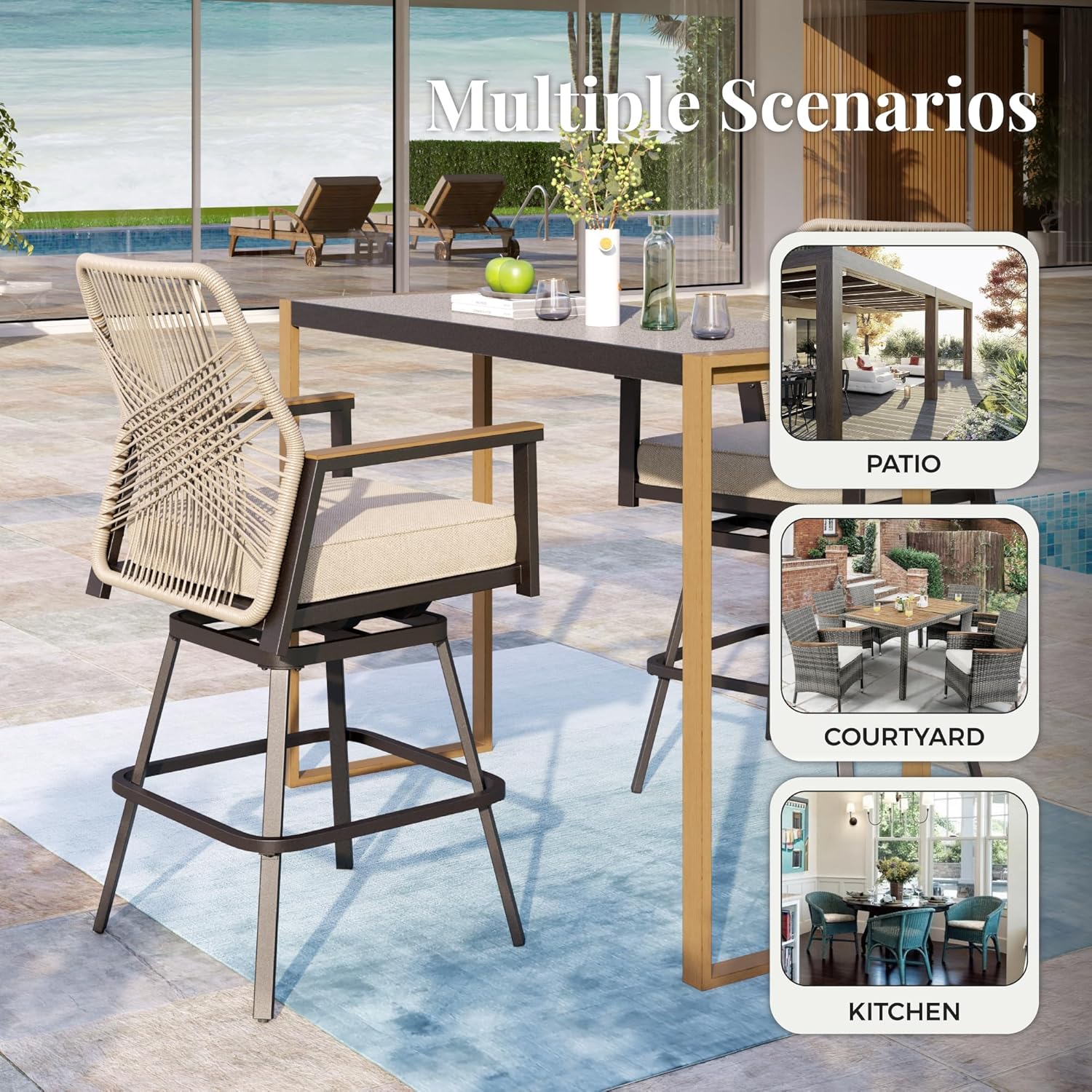 3 Piece Outdoor Bar Set, Swivel Counter Height Bar Stools with 40" Table, Wicker High Top Outdoor Table and Chairs