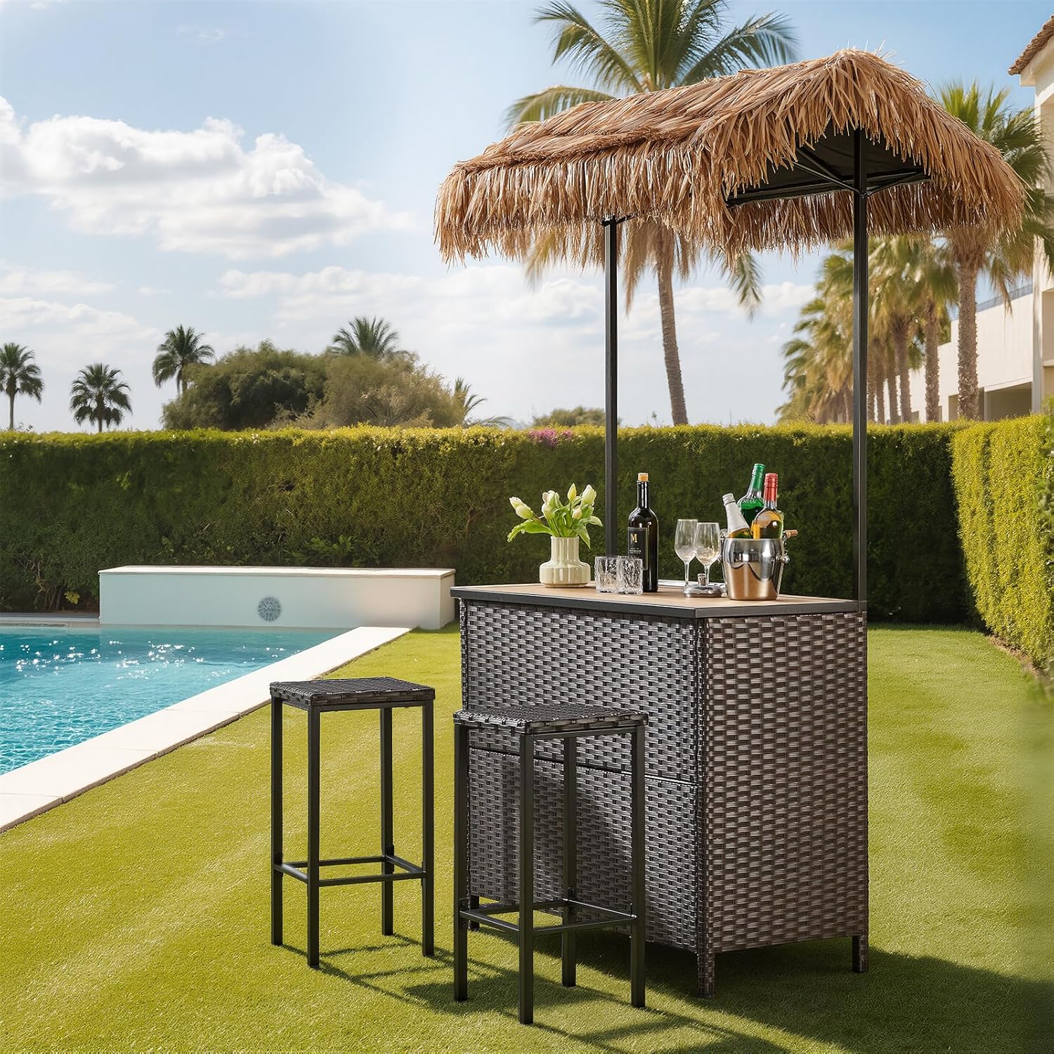 3 Piece Wicker Bar Height Patio Set with 2 Stools, Storage Shelves & Wine Glass Rack