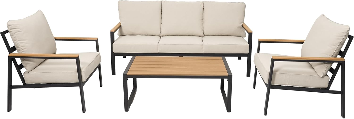 4 Pieces Outdoor Furniture Patio Conversation Set, Beige