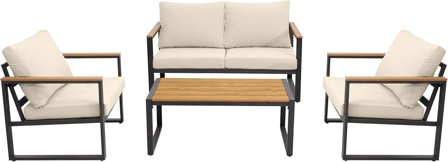 4 Pieces Outdoor Metal Patio Furniture Conversation Set, Beige