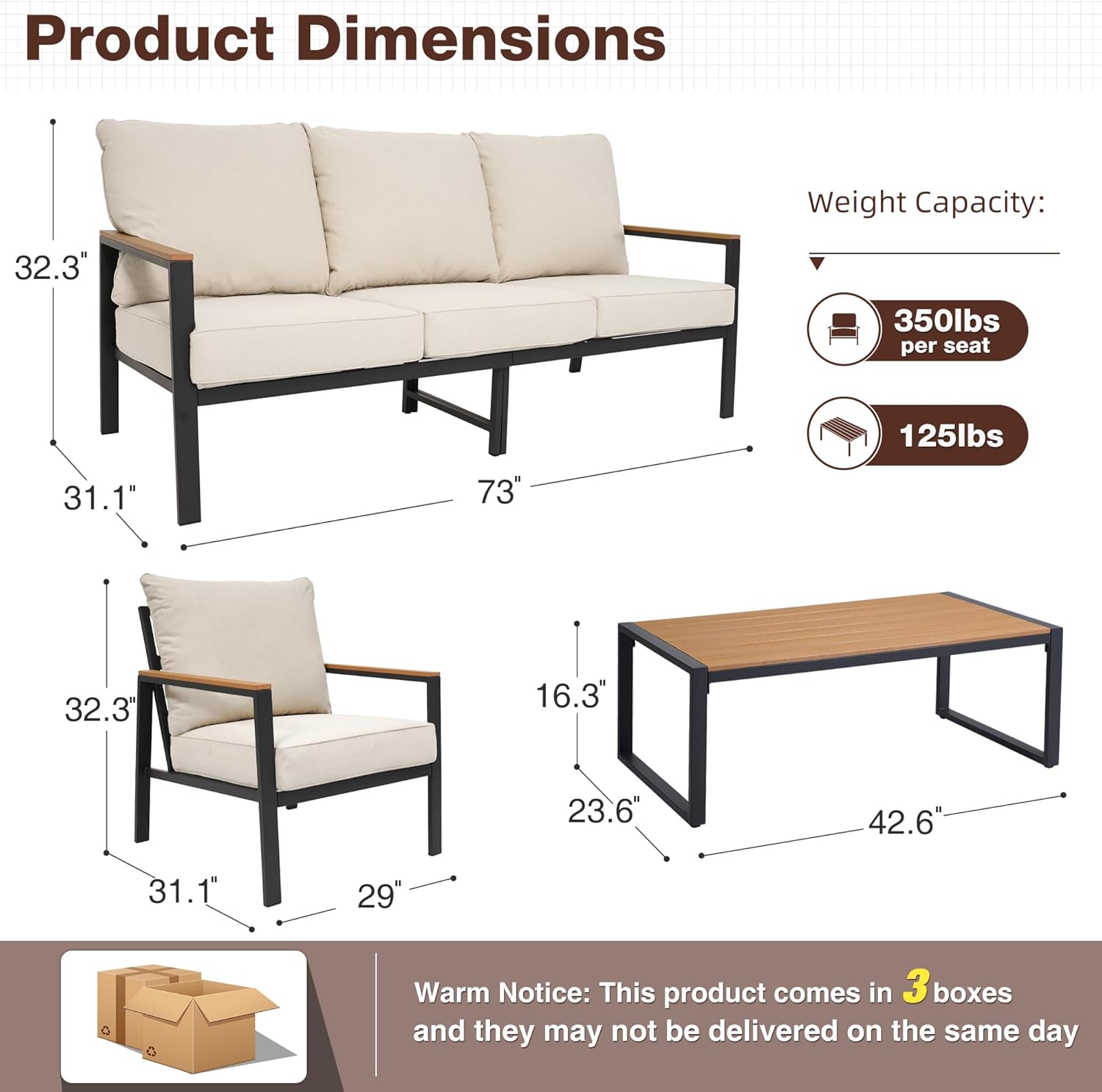4 Pieces Outdoor Furniture Patio Conversation Set, Beige