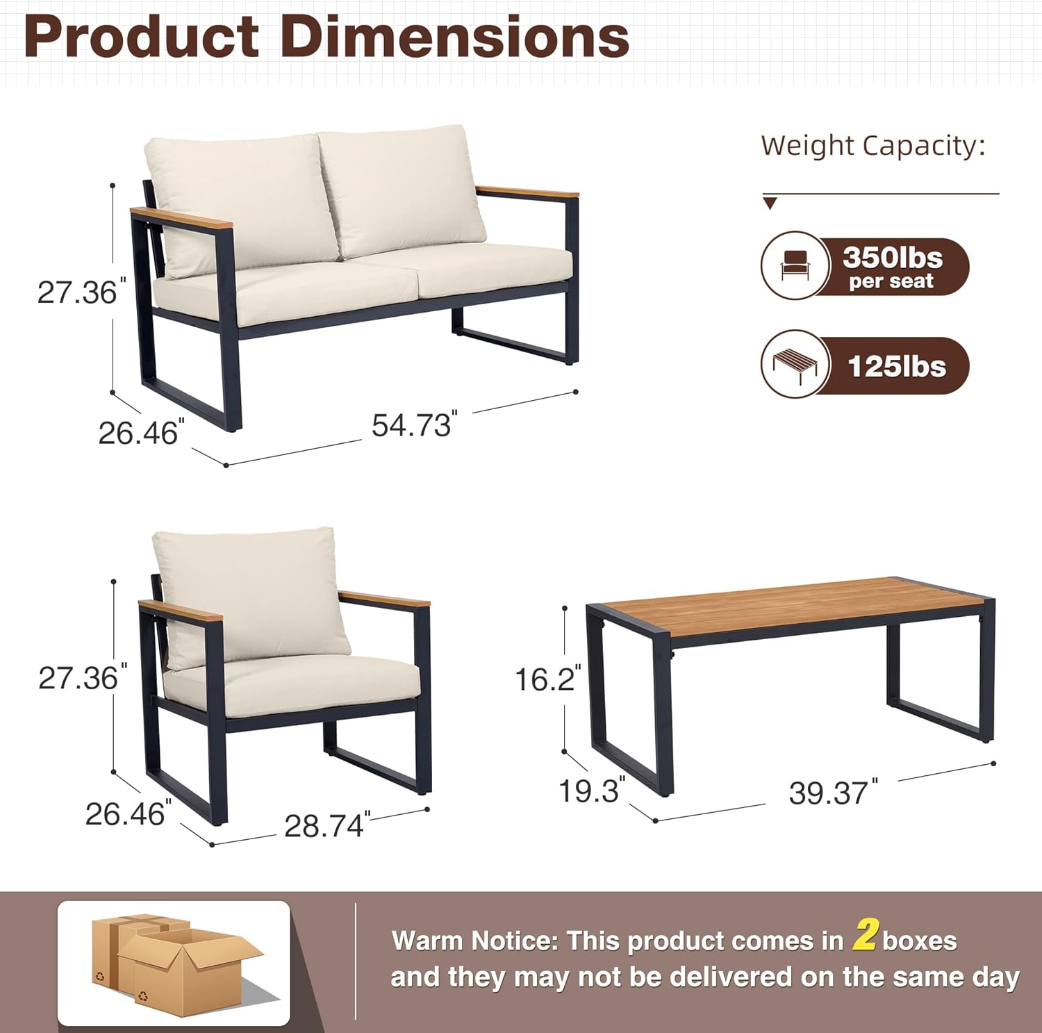 4 Pieces Outdoor Metal Patio Furniture Conversation Set, Beige
