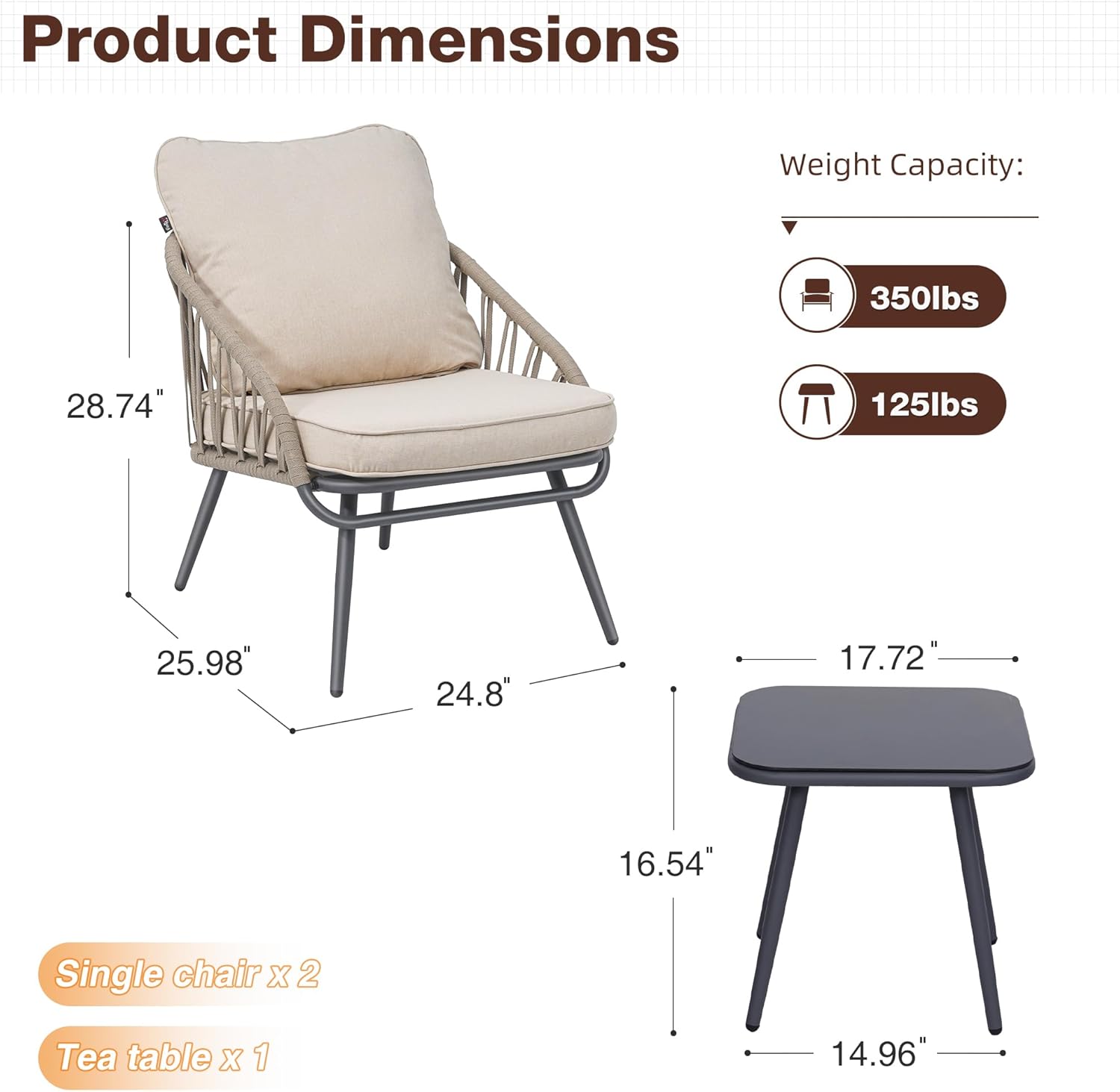 Outdoor 3 Piece Patio Bistro Set of 2, Beige