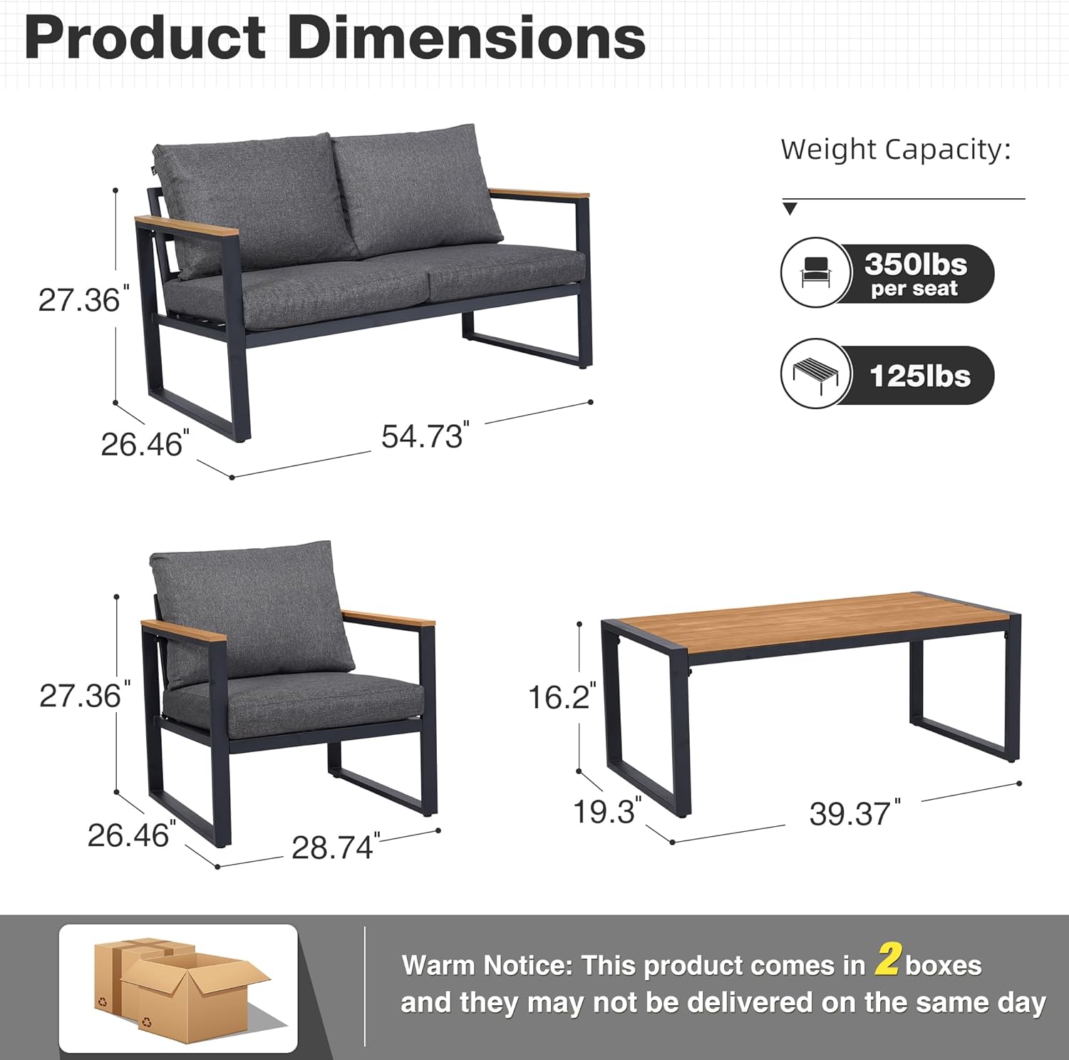 4 Pieces Outdoor Metal Patio Furniture Conversation Set, Gray