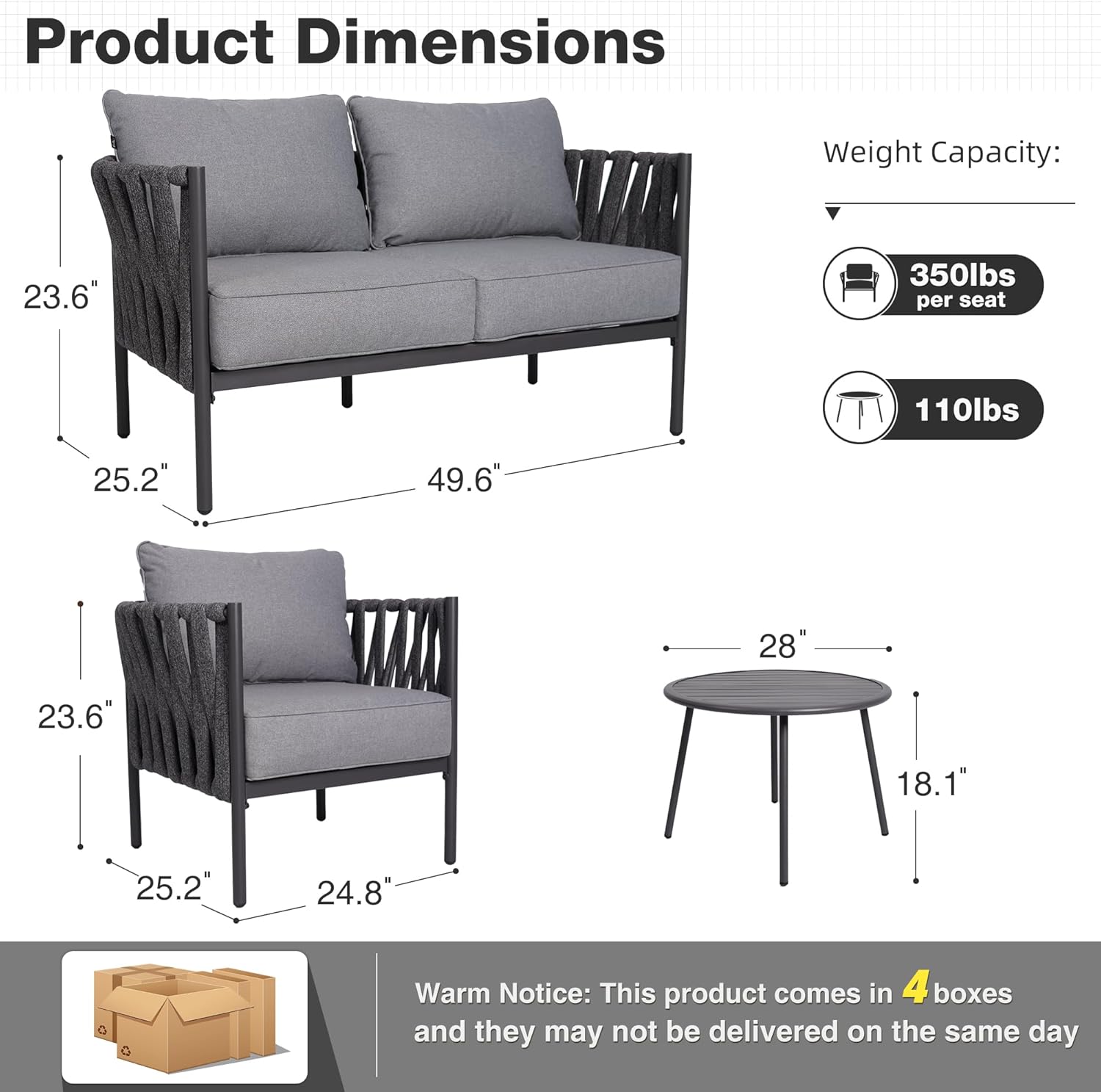 Modern 4 Piece Patio Furniture Set, Gray