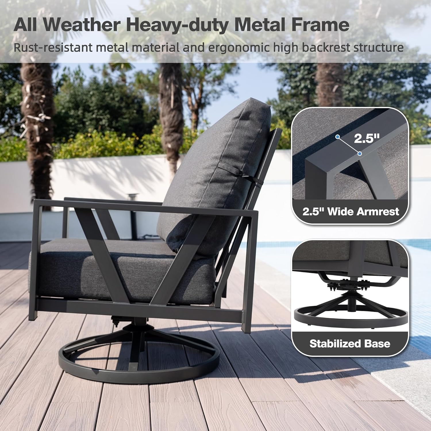 Outdoor Patio Swivel Rocking Chairs Set, Dark Gray
