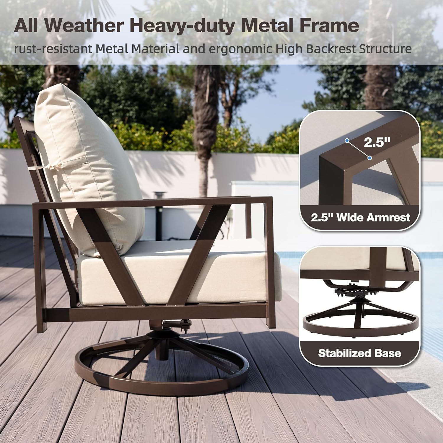 Outdoor Patio Swivel Rocking Chairs Set, Beige