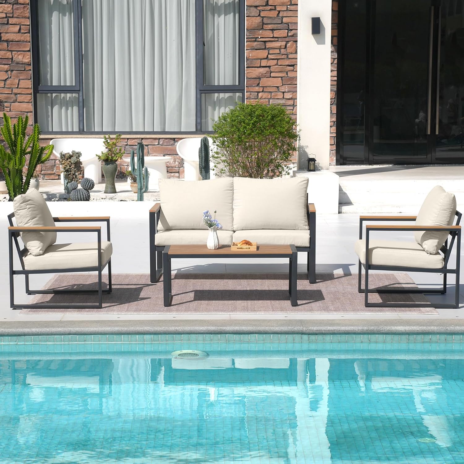 4 Pieces Outdoor Metal Patio Furniture Conversation Set, Beige