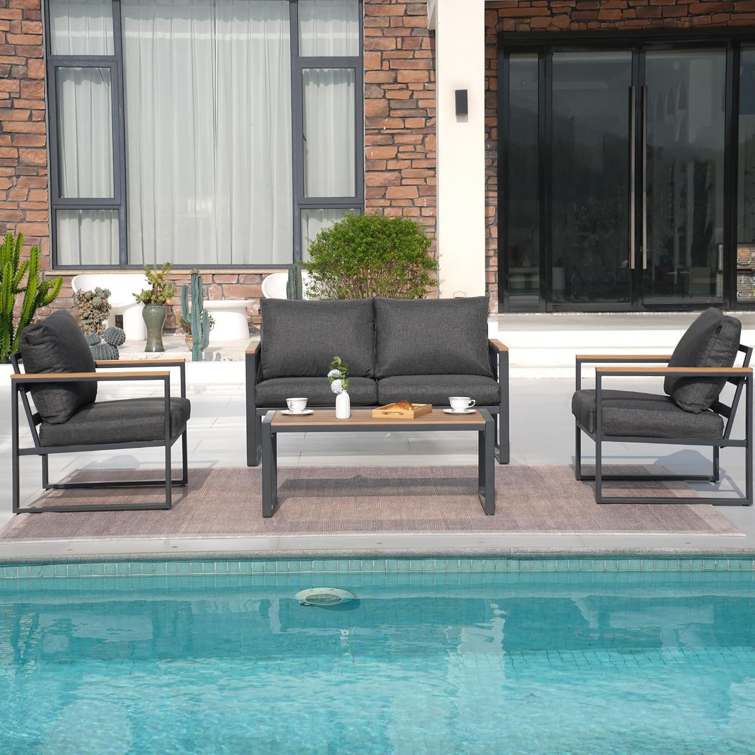 4 Pieces Outdoor Metal Patio Furniture Conversation Set, Gray